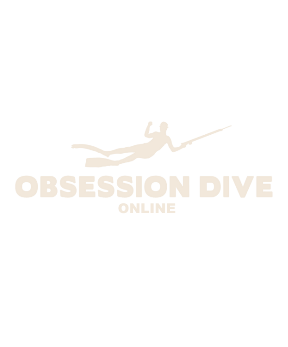 Spearfishing business obsession Dive Online text logo in light beige color.