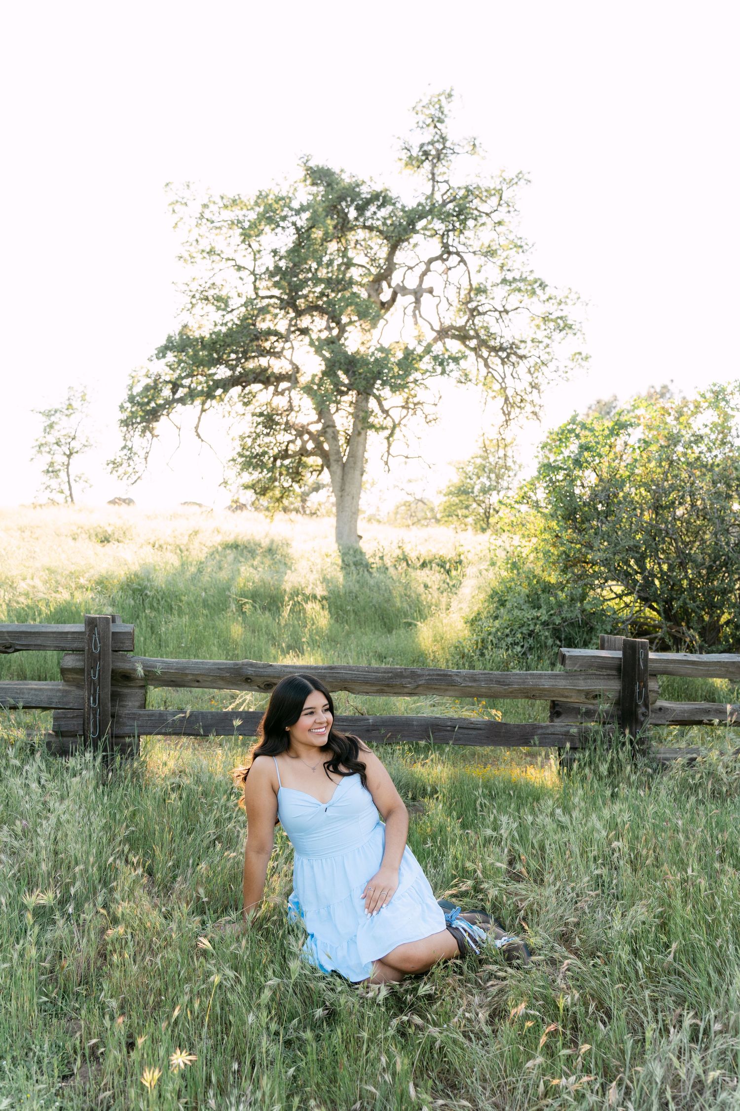 Young woman in white dress sits in green meadow by rustic wooden fence with large oak tree in golden sunlight.