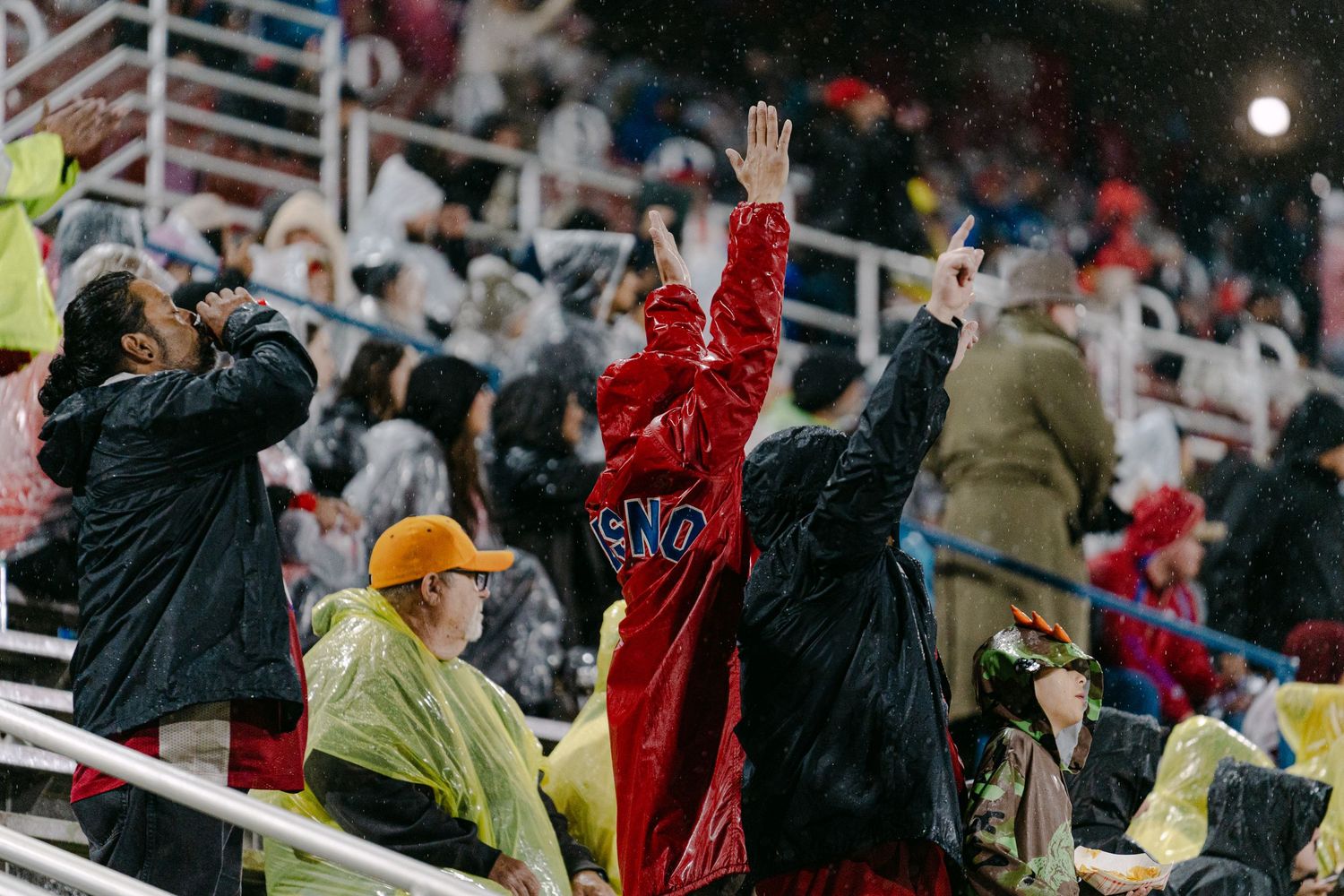 Sports fans in stadium stands cheer and raise their arms during an exciting game moment.