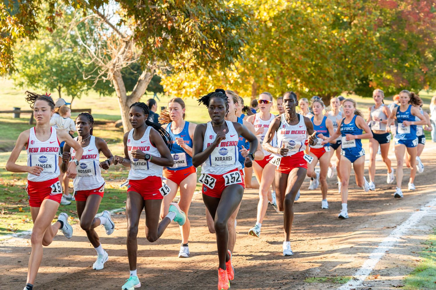 Cross country runners compete in a fall race along a tree-lined path with autumn foliage in the background.