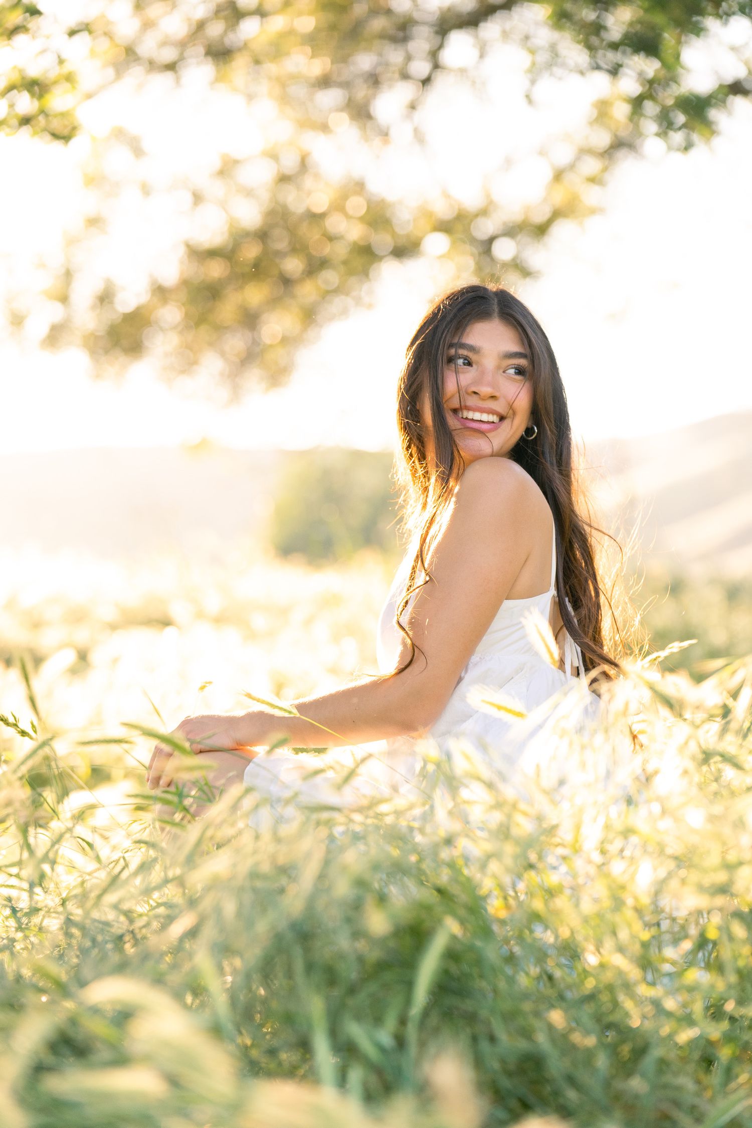Dreamy outdoor photoshoot in a sunlit meadow with tall grass and warm lighting.