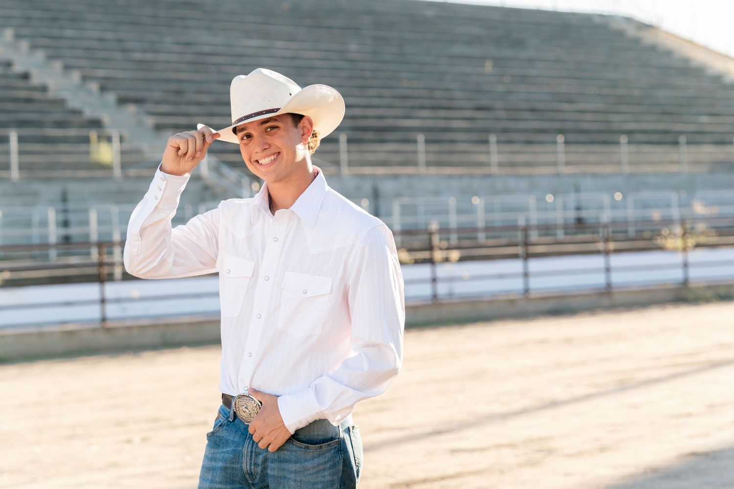 A series of photos showing someone wearing a white cowboy hat in stadium bleachers.