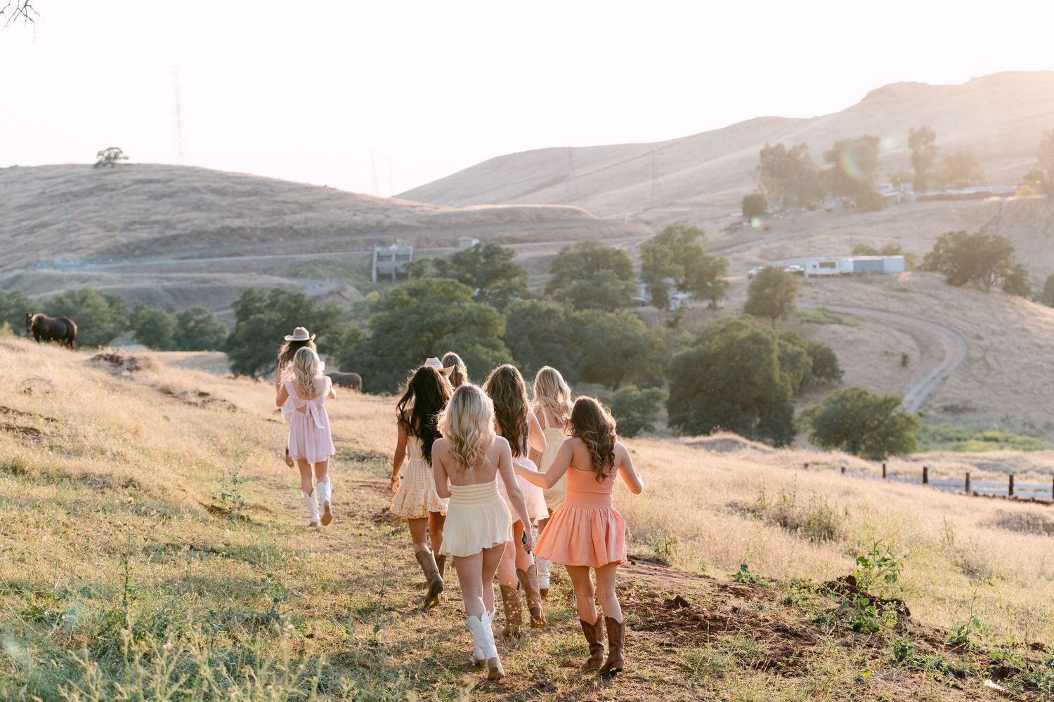 A group of young women in pastel dresses walk together through golden hills at sunset.