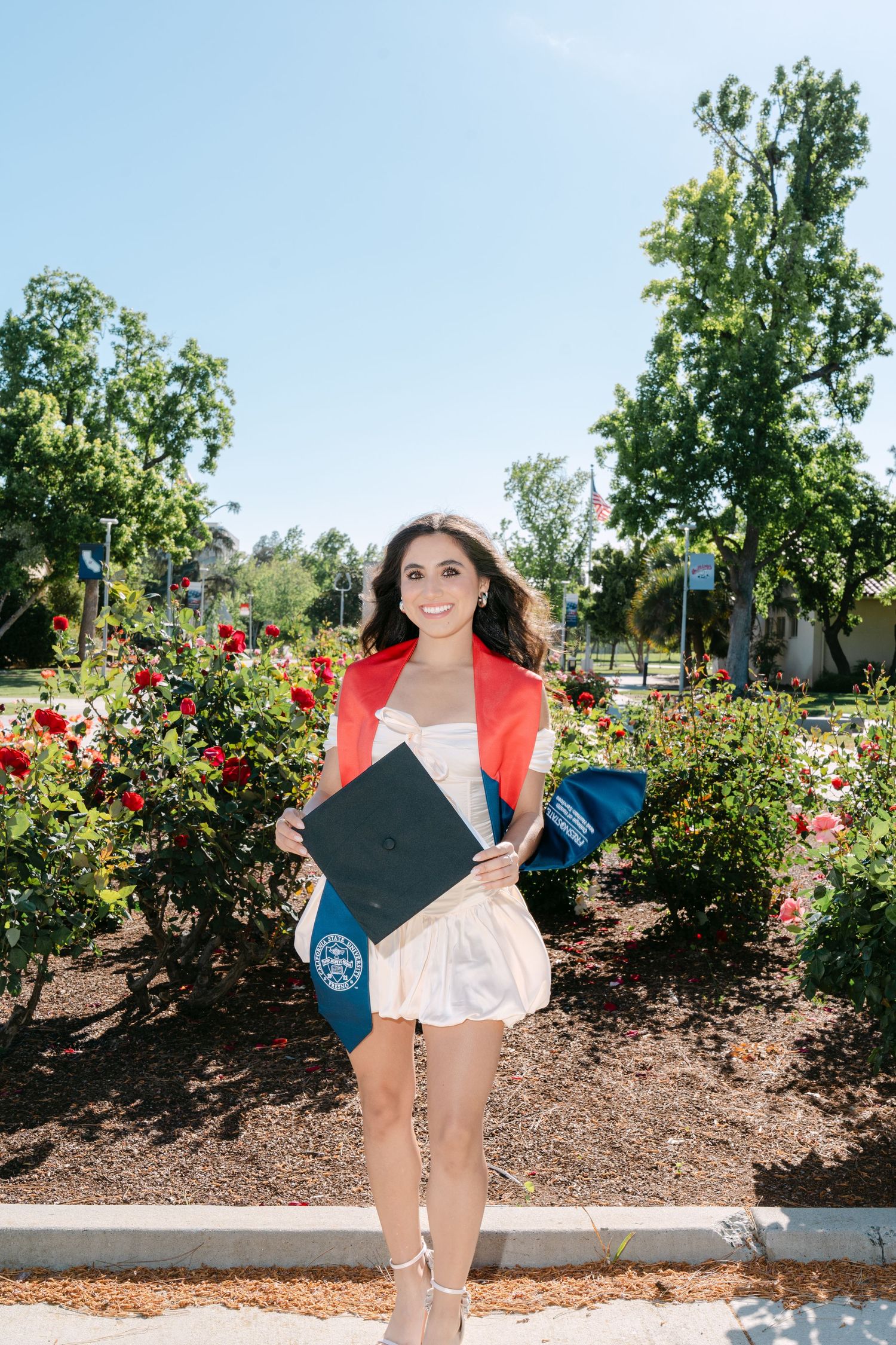 Smiling graduate holding cap and diploma outdoors among red roses on a sunny day.