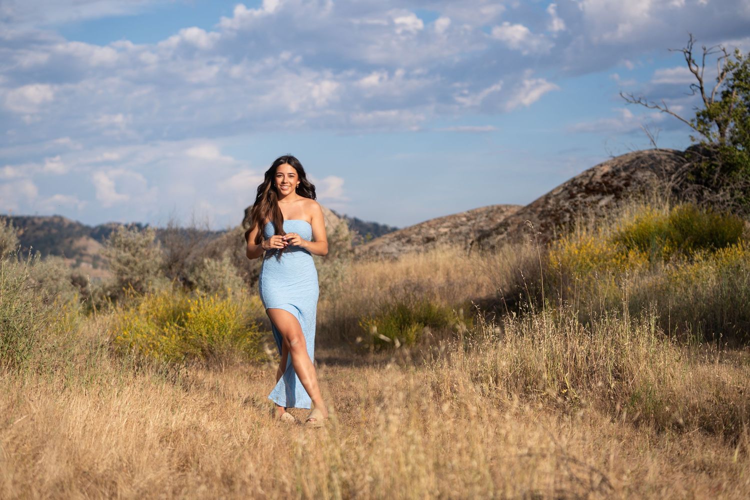 A scenic outdoor photoshoot in a golden grassy field with mountains in the background.