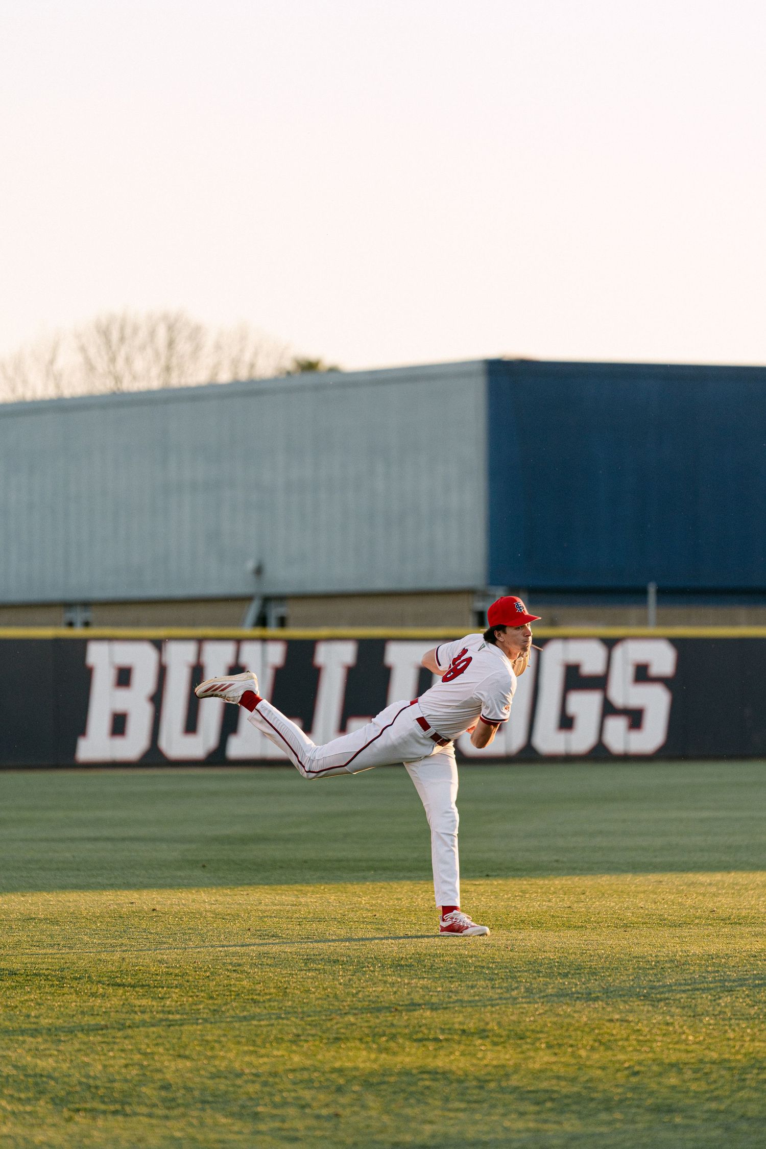 Baseball player in red and white uniform makes diving catch attempt on outfield grass during game.