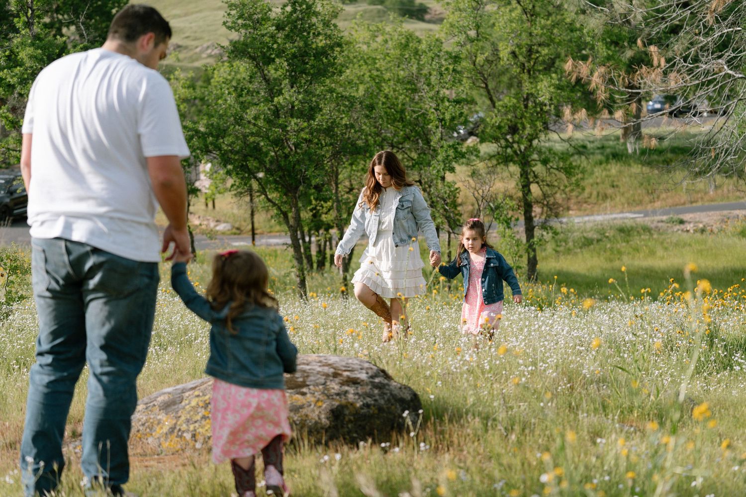 Family walking together through a scenic mountain meadow landscape.
