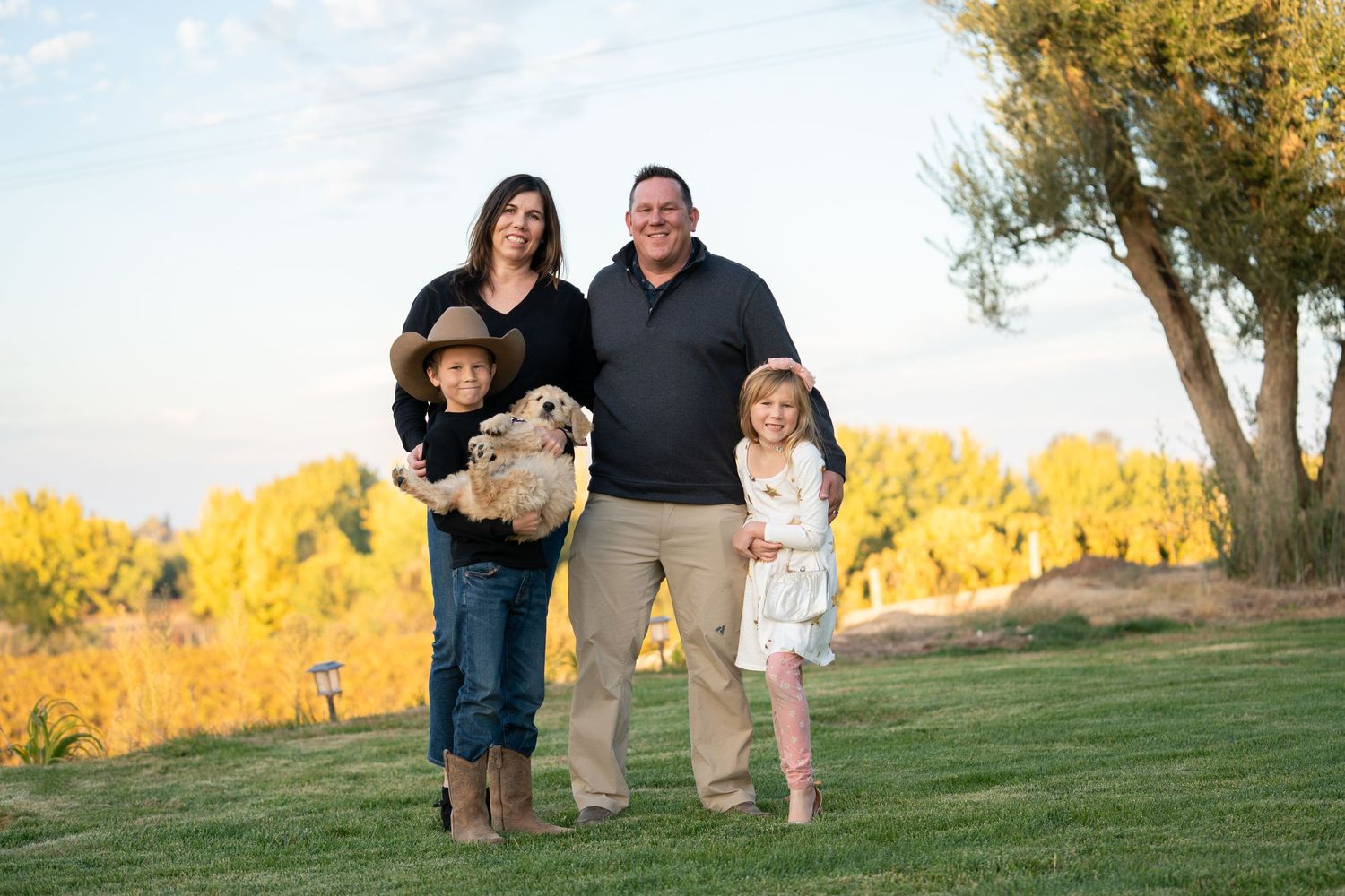 A family of four poses together on a grassy hill during golden hour.