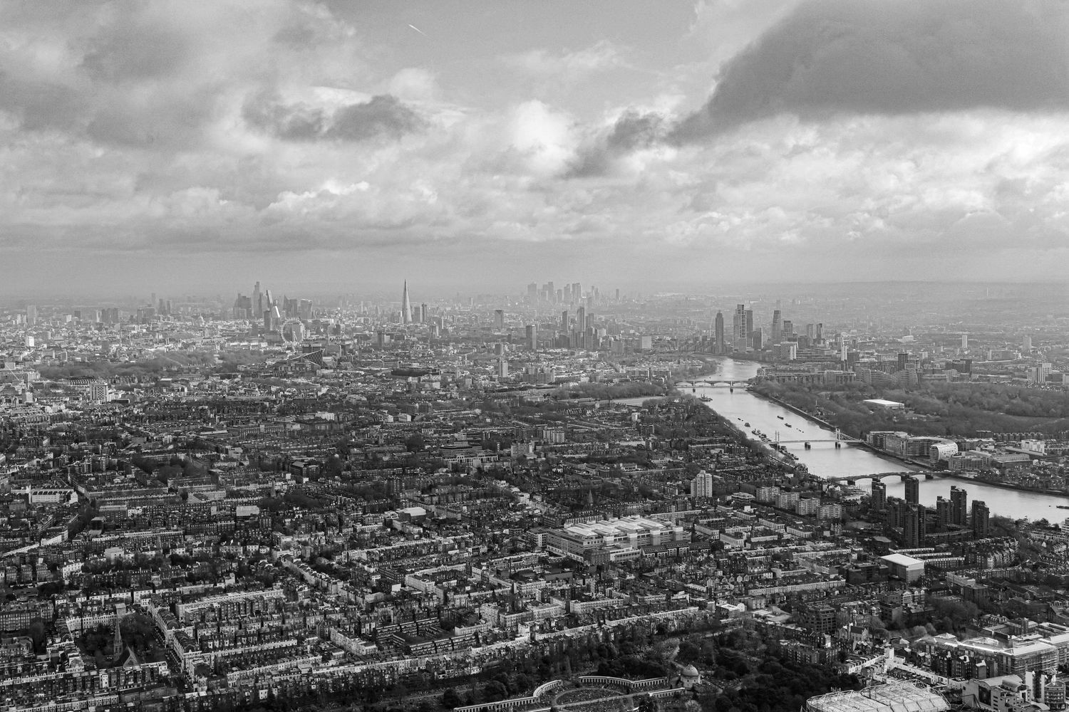 Dramatic black and white panoramic cityscape showing urban sprawl and skyscrapers. London Event Photographer