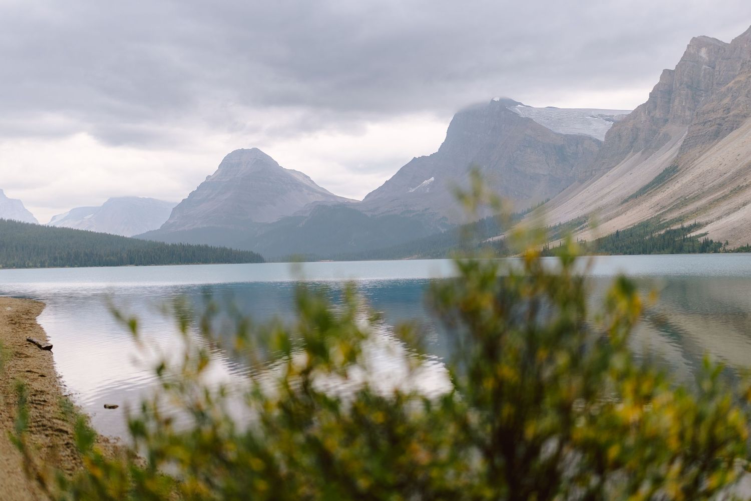 Scenic mountain lake with cloudy sky, green shrubs in foreground, rocky peaks reflected in calm water.