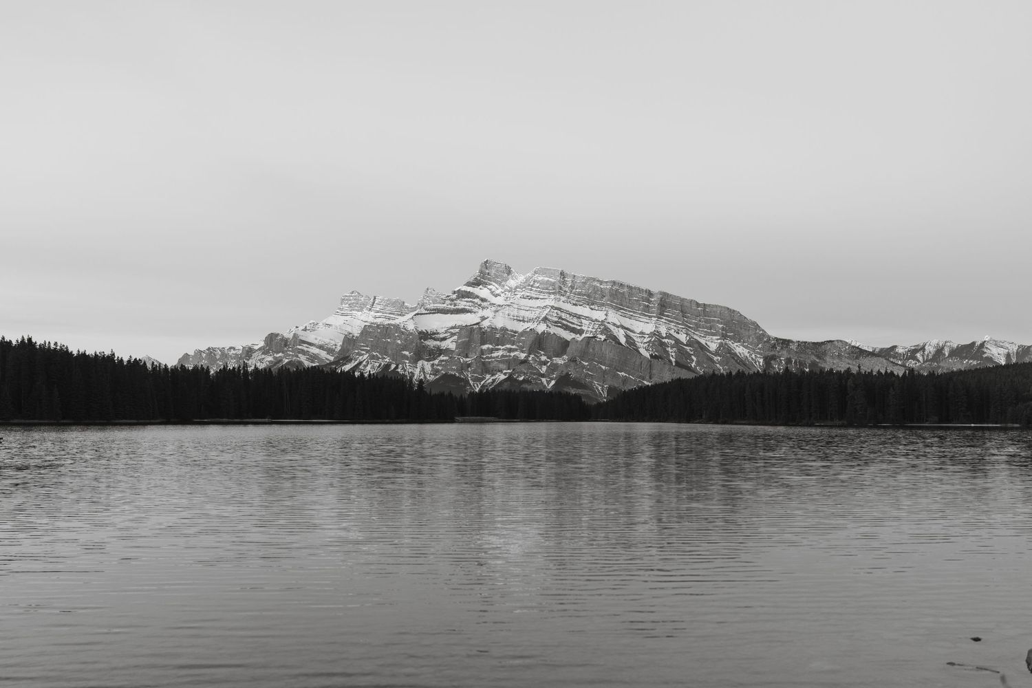 Black and white photo of snow-capped Mount Rundle reflected in a calm lake surrounded by pine forest.