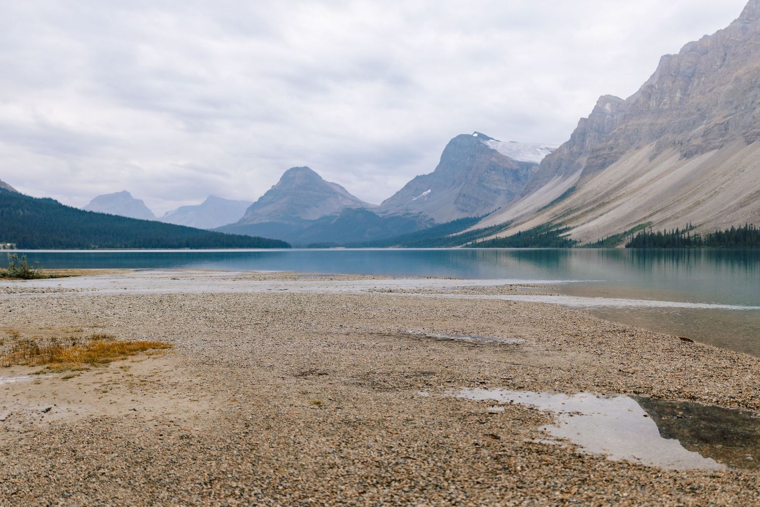 Serene Bow Lake shoreline with turquoise glacial water and dramatic Rocky Mountain peaks under cloudy sky.