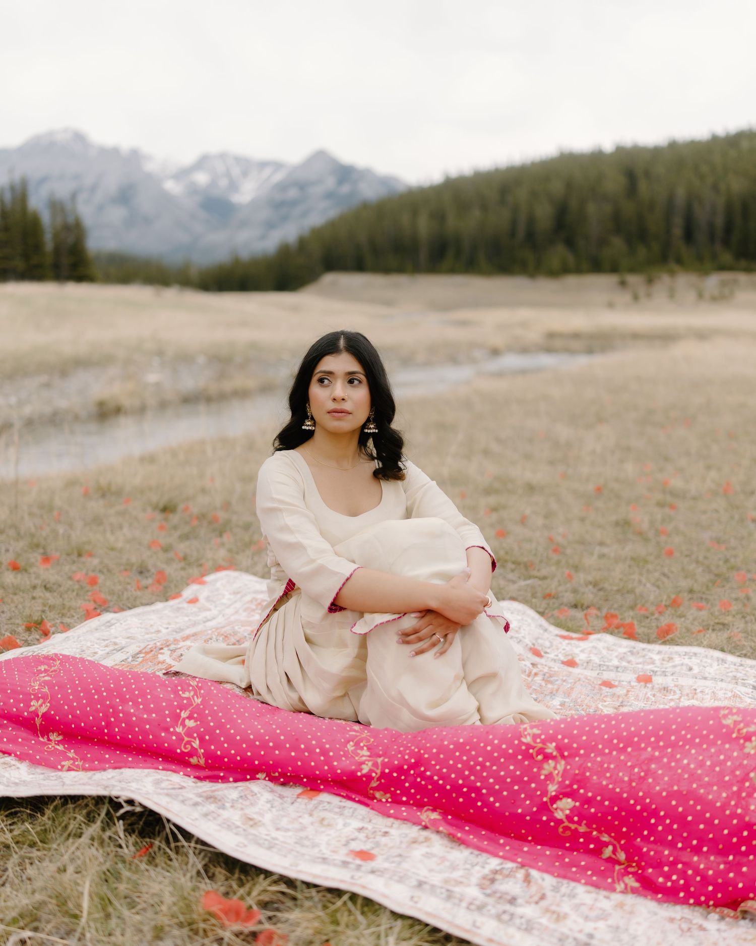 Bride solo portrait during pre wedding session in golden hour light
