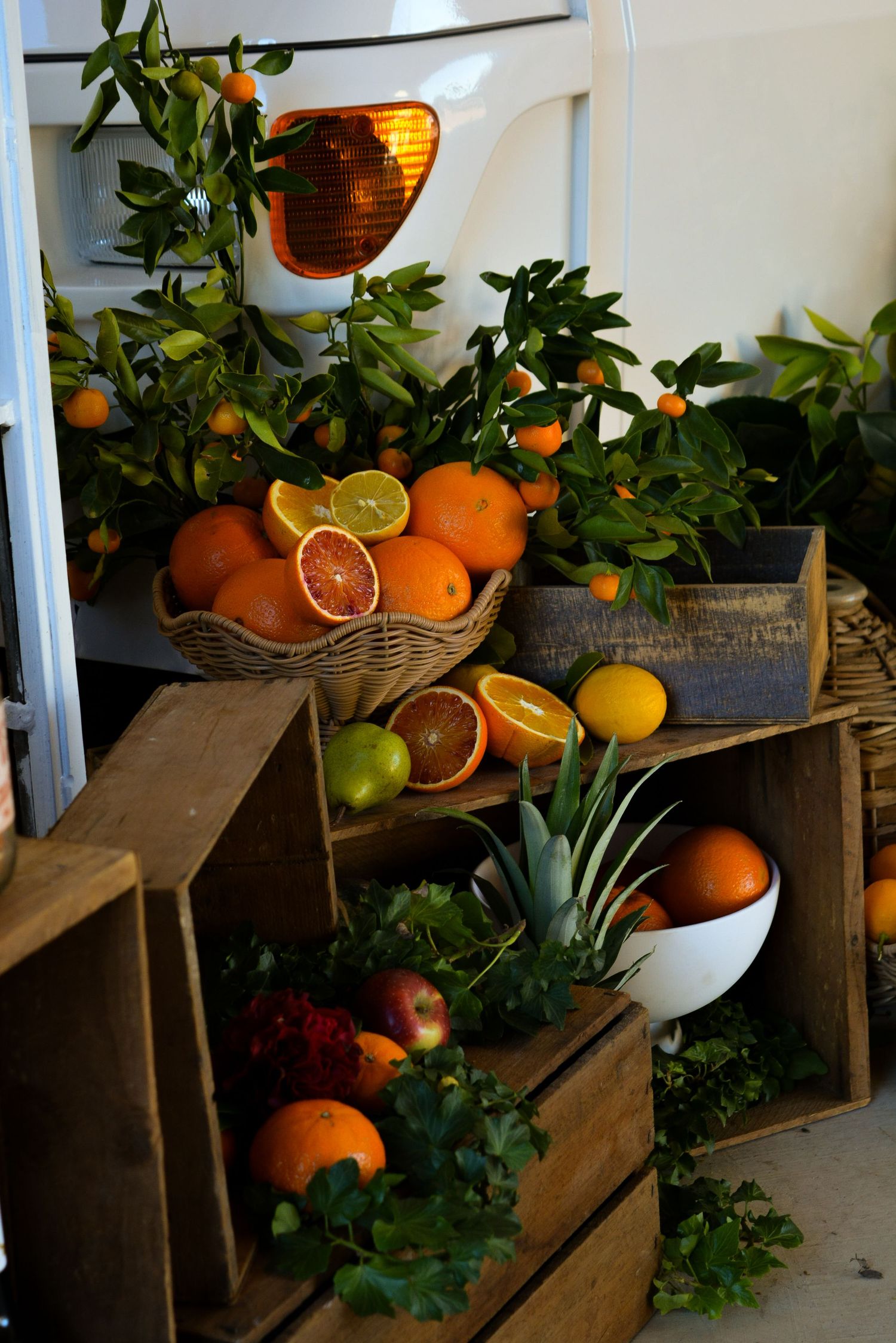 Fresh citrus fruits and greenery displayed on wooden crates.