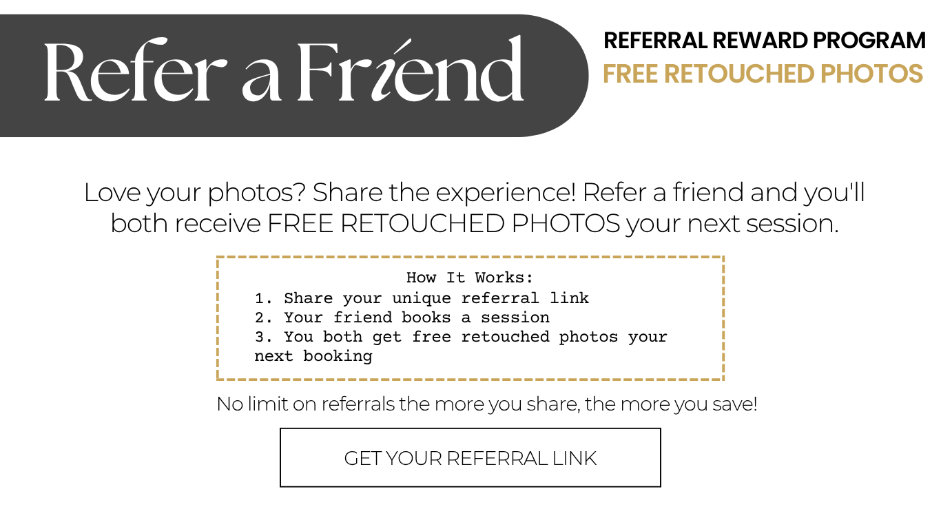 Photography referral program banner with reward details for sharing with friends.