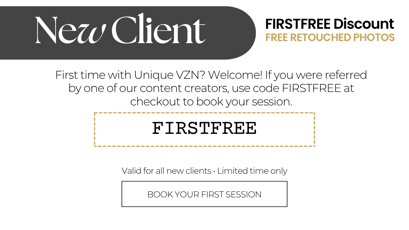 Professional photography studio promotional banner offering a first-time client discount.
