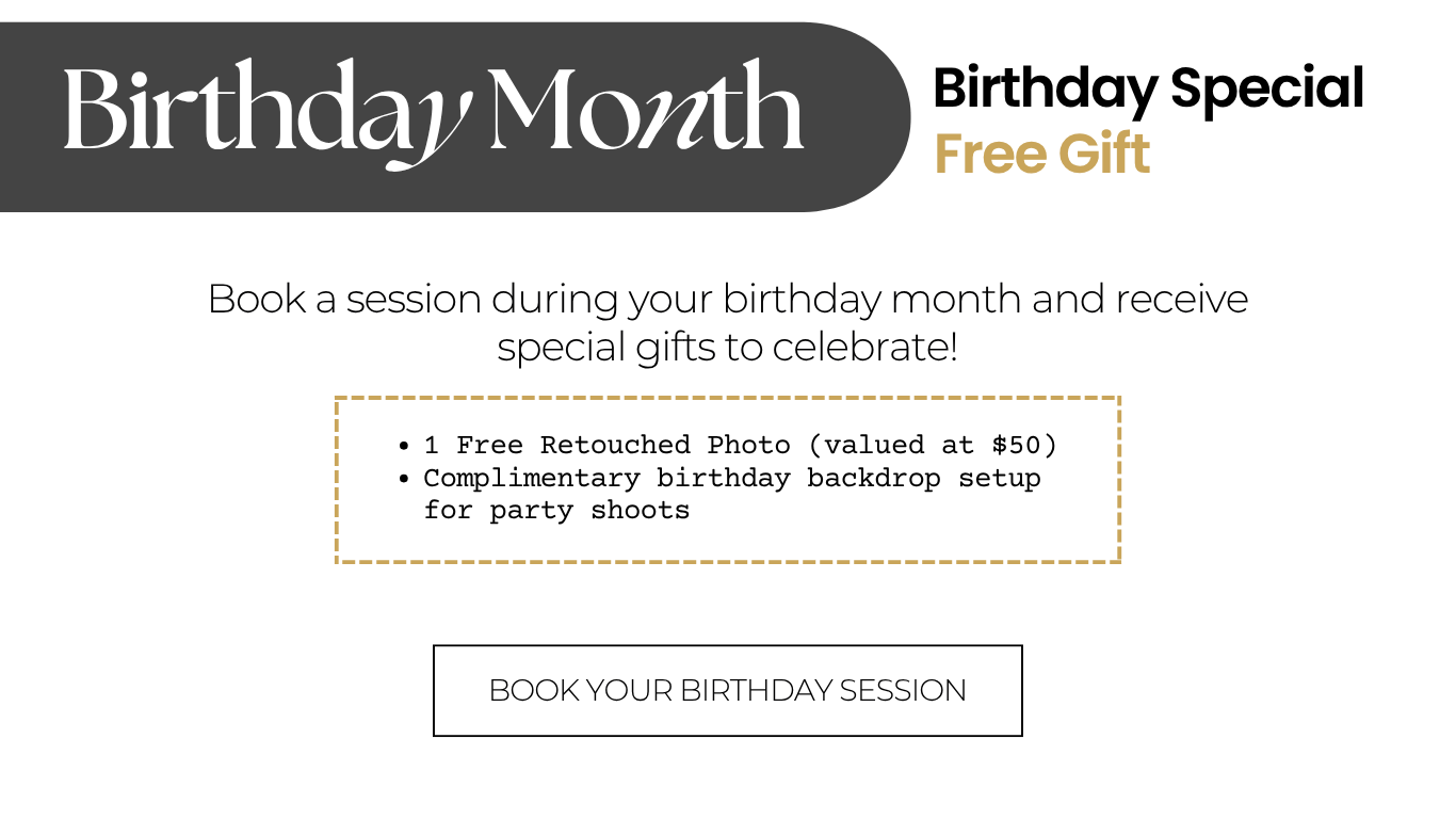 Birthday month special offer banner for photography session with free gift.