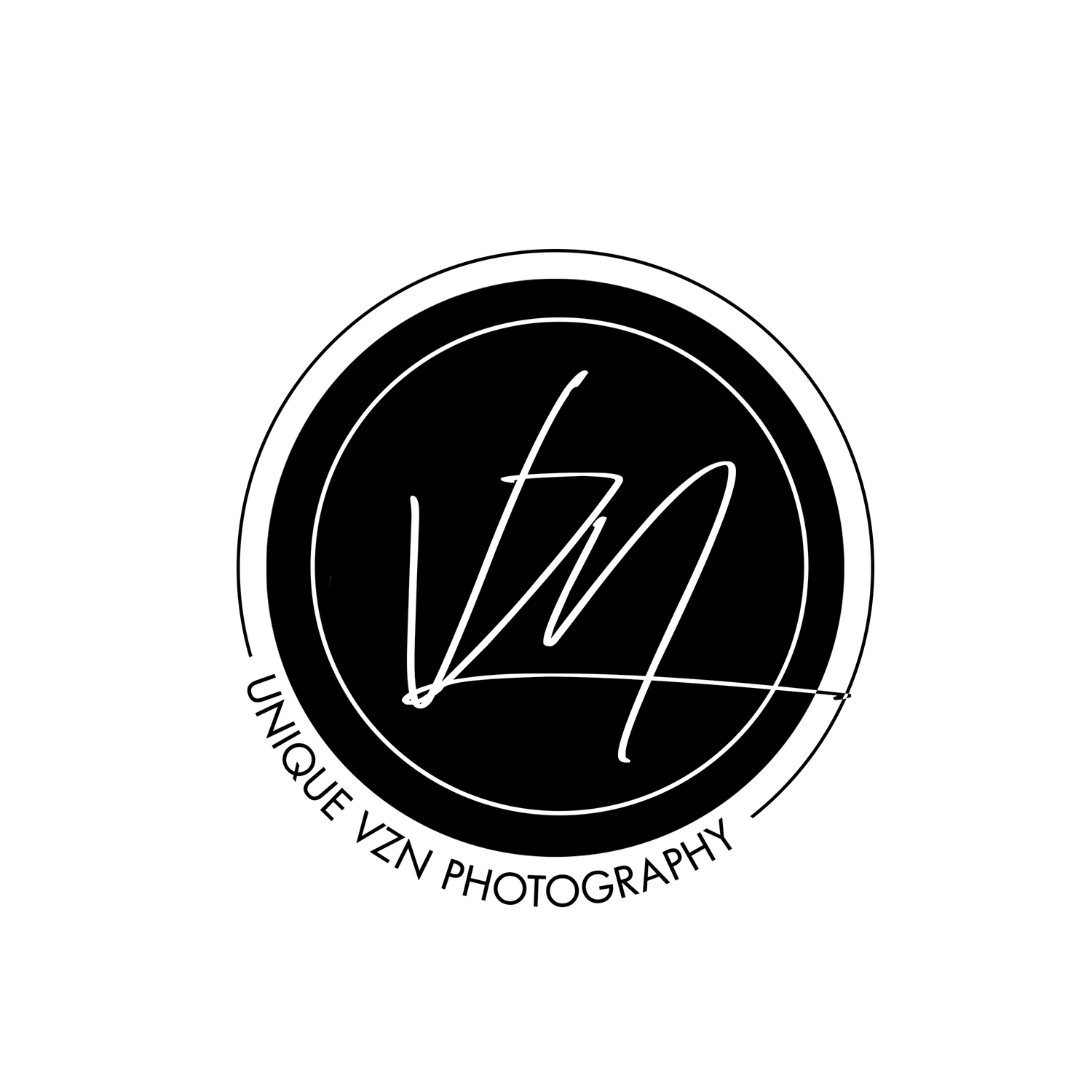 Black and white circular photography logo design with VZN text.