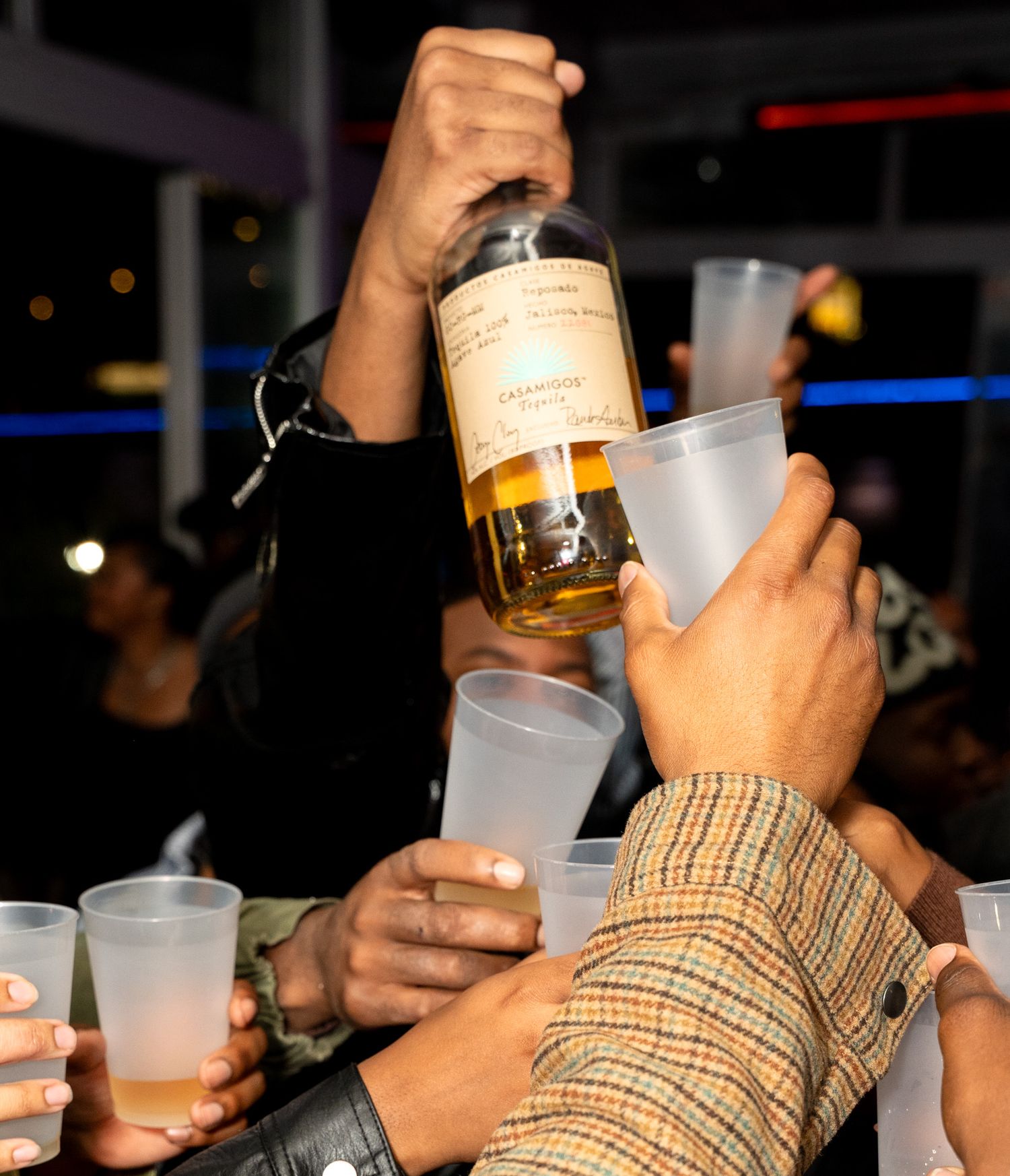People holding drinks and bottles at a nightclub party.
