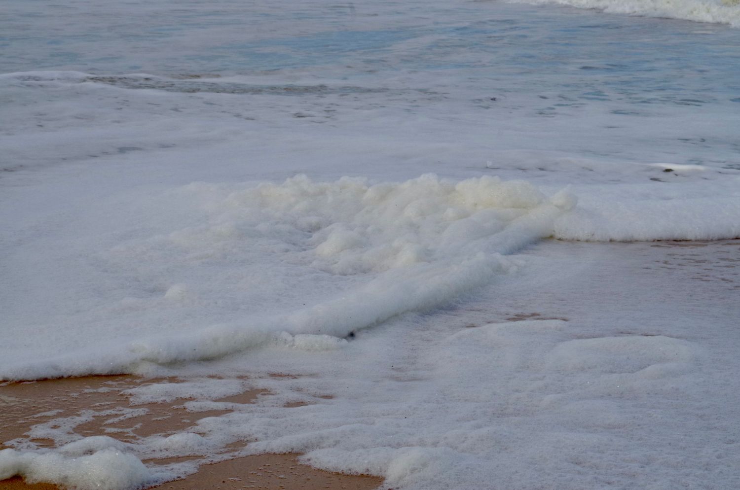 Close-up detail shot of gentle ocean foam and sand on the shore, captured with a soft, dreamy, and nostalgic aesthetic.