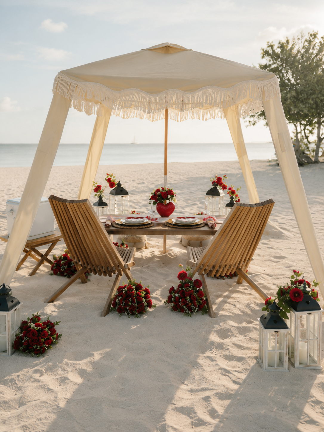 Romantic beach cabana setup with wooden chairs, red roses, lanterns, and elegant table setting on white sand by the ocean.