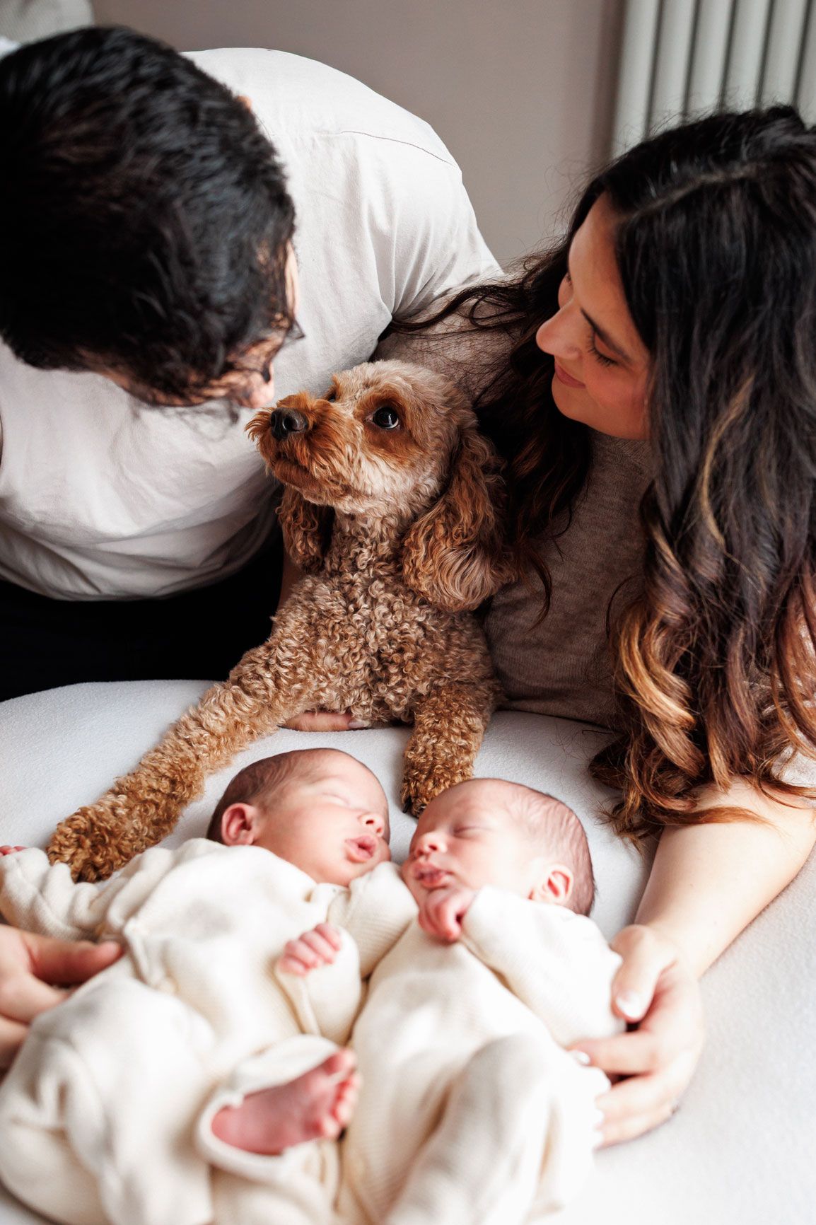Two parents lean over sleeping newborn twins in cream outfits while a curious fluffy apricot doodle dog rests its paws on the bed.