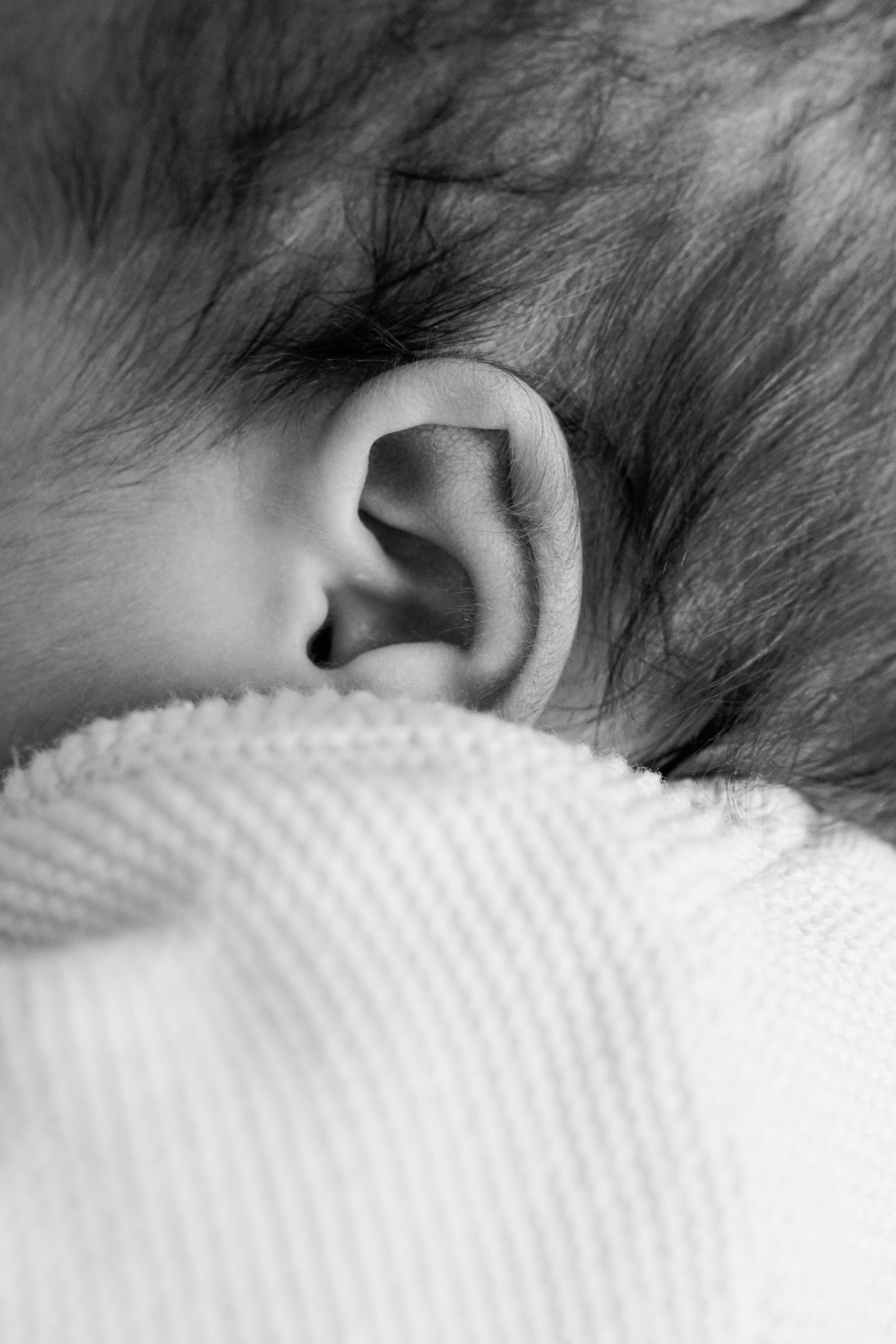 Black and white close-up of a sleeping newborn baby's ear and soft hair resting against a cozy knit blanket.