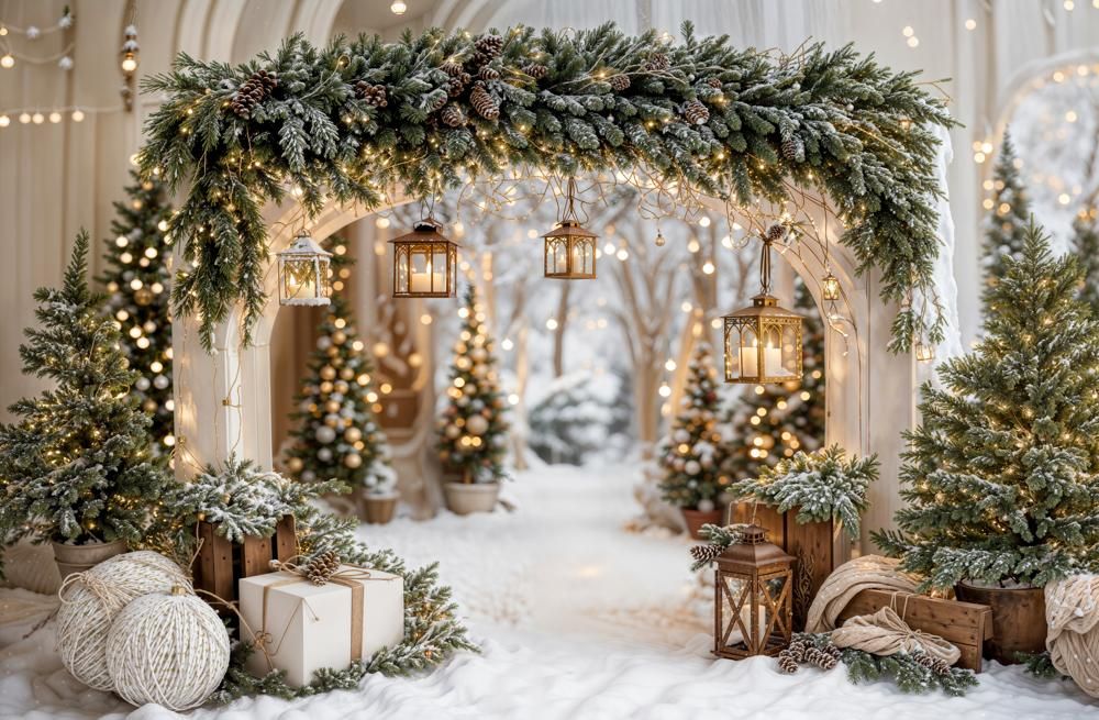 Festive Christmas archway with garland, glowing lanterns, snowy trees, and wrapped gifts in a winter wonderland setting.