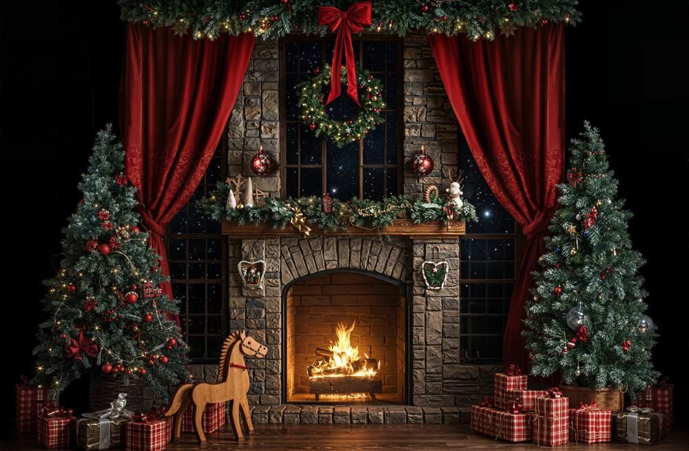 Cozy Christmas fireplace with glowing fire, decorated trees, red curtains, wreaths, and wrapped gifts in a festive holiday setting.