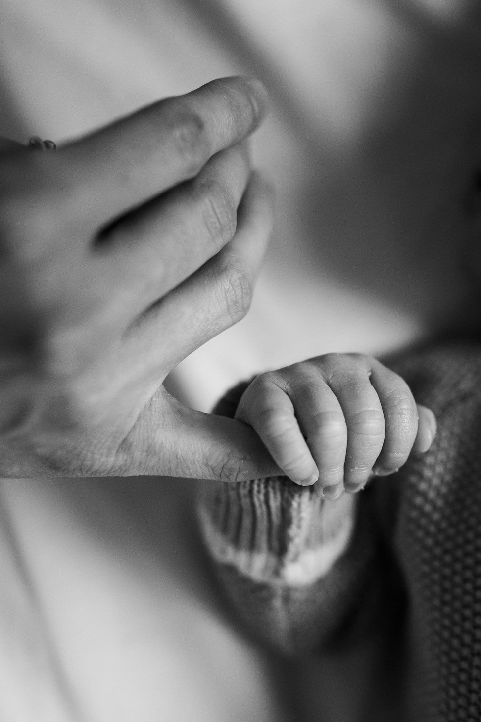 Black and white close-up of a newborn baby's tiny hand gripping an adult's finger gently.