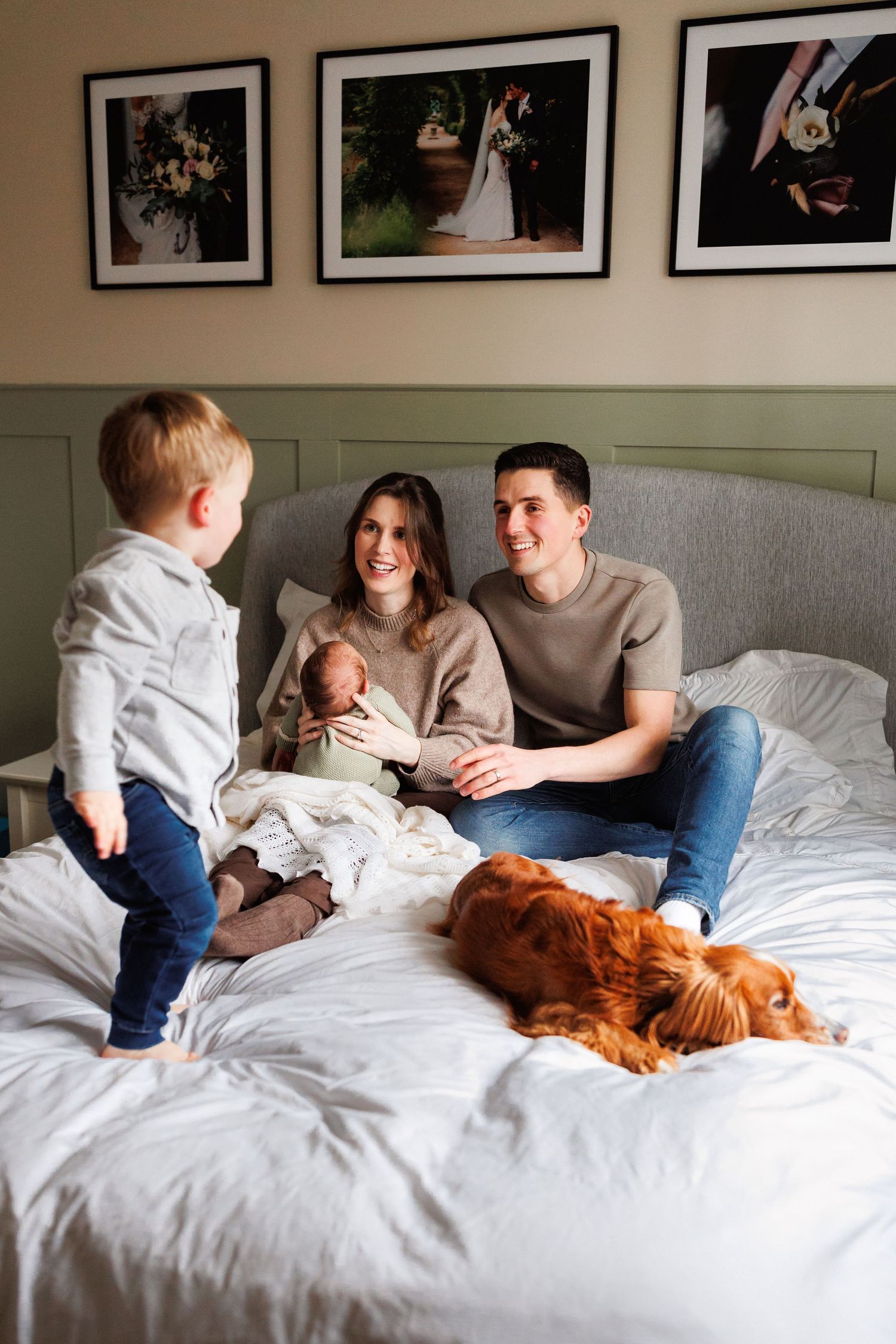 Lifestyle at-home newborn photography session with parents cuddling their newborn baby on a bed while a toddler and family dog join in