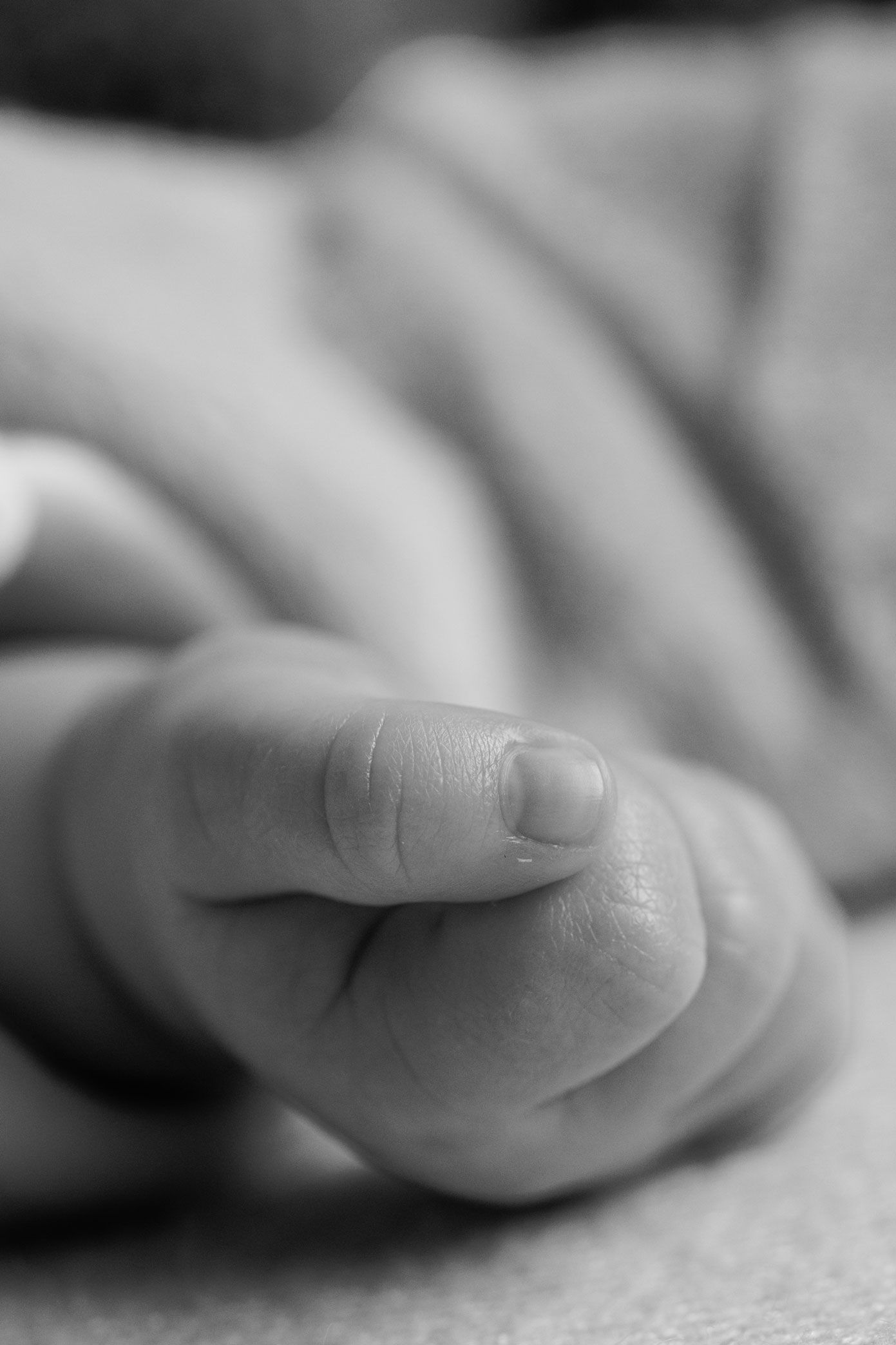 Black and white close-up of a newborn baby's tiny curled hand resting on a soft blanket, with a focus on the delicate fingertip and nail.