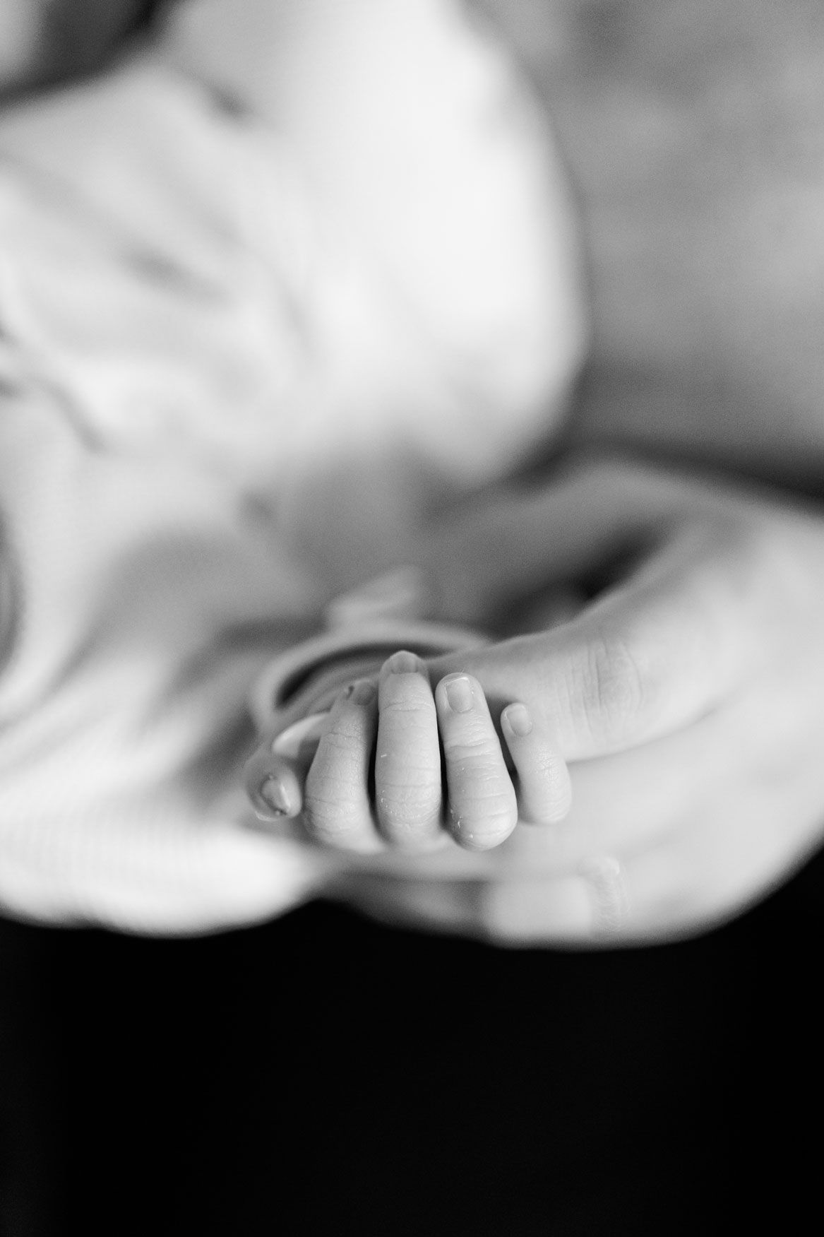 Black and white close-up of a newborn baby's tiny hand resting in an adult's palm, with soft blurred blankets in the background.