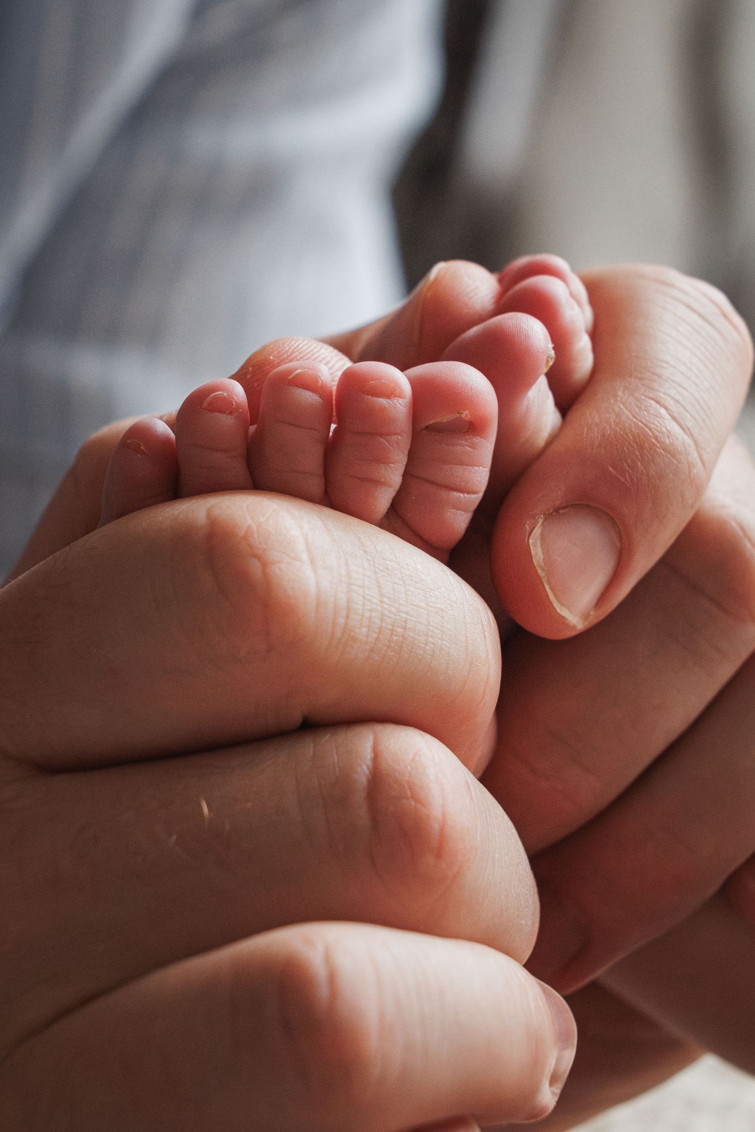 Close-up of an adults hands gently cradling a newborn babys tiny feet with care.