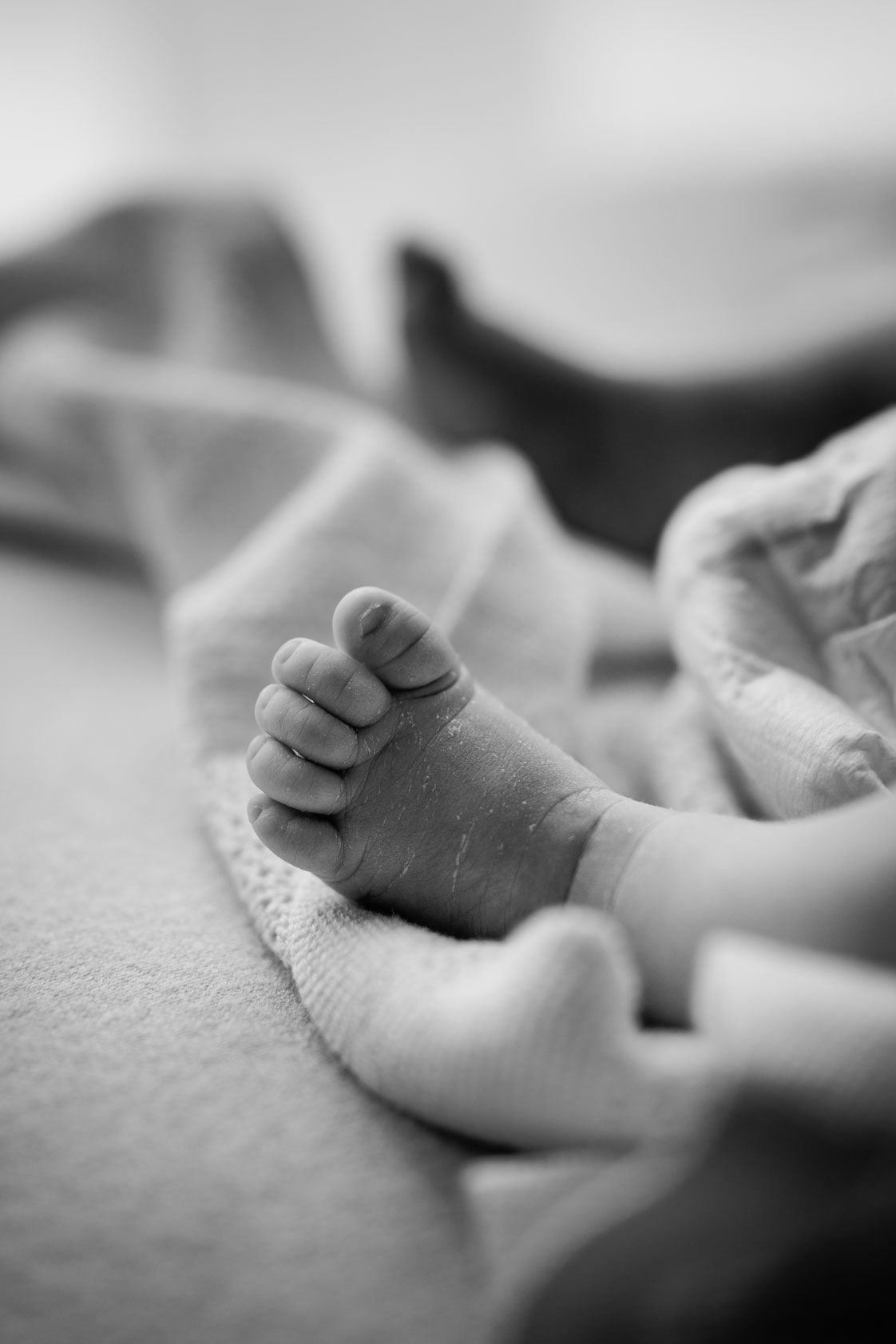 Black and white close-up photo of a newborn baby's tiny feet resting on a soft blanket.