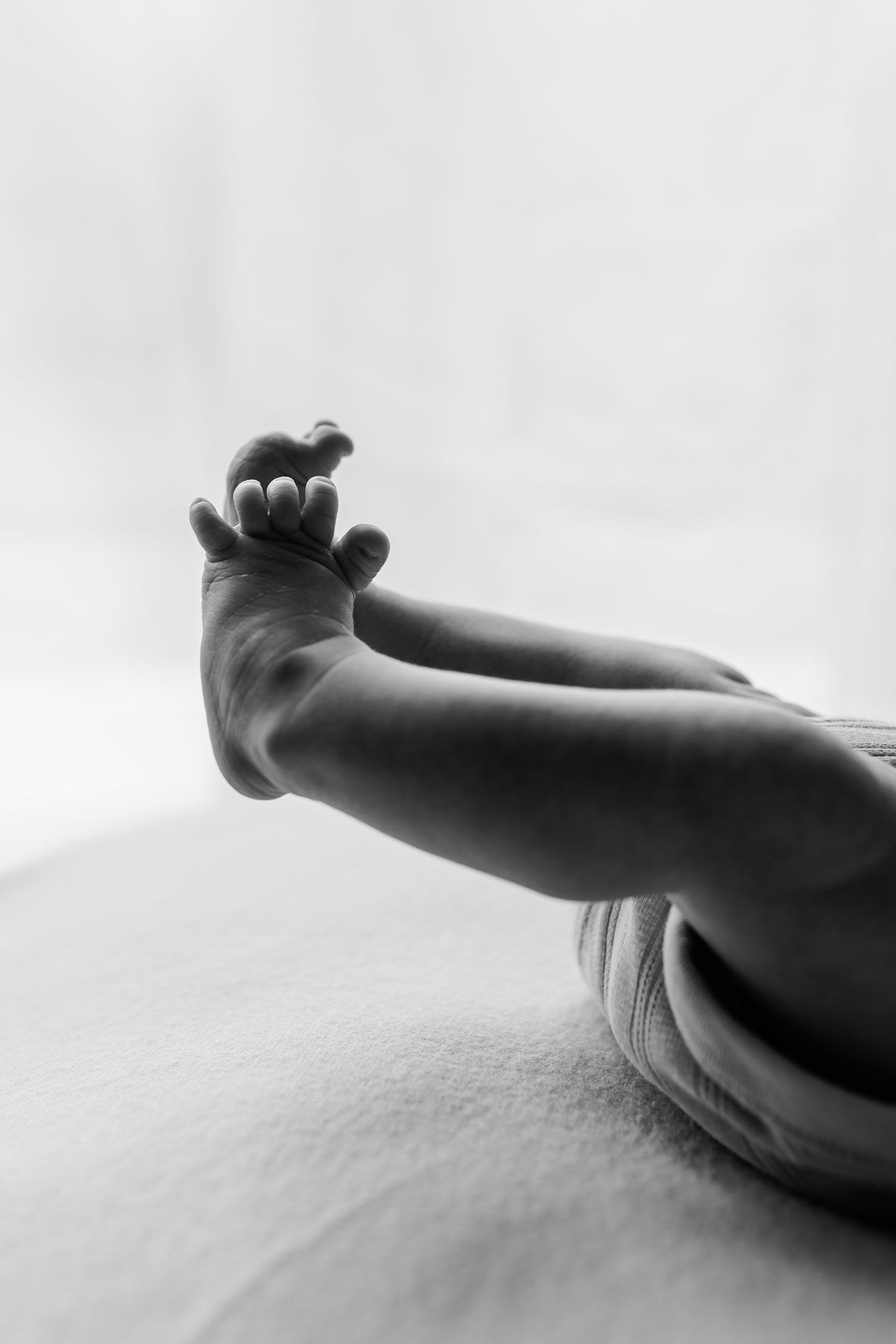 Black and white close-up of a newborn baby's tiny hand and feet resting on a soft white blanket.