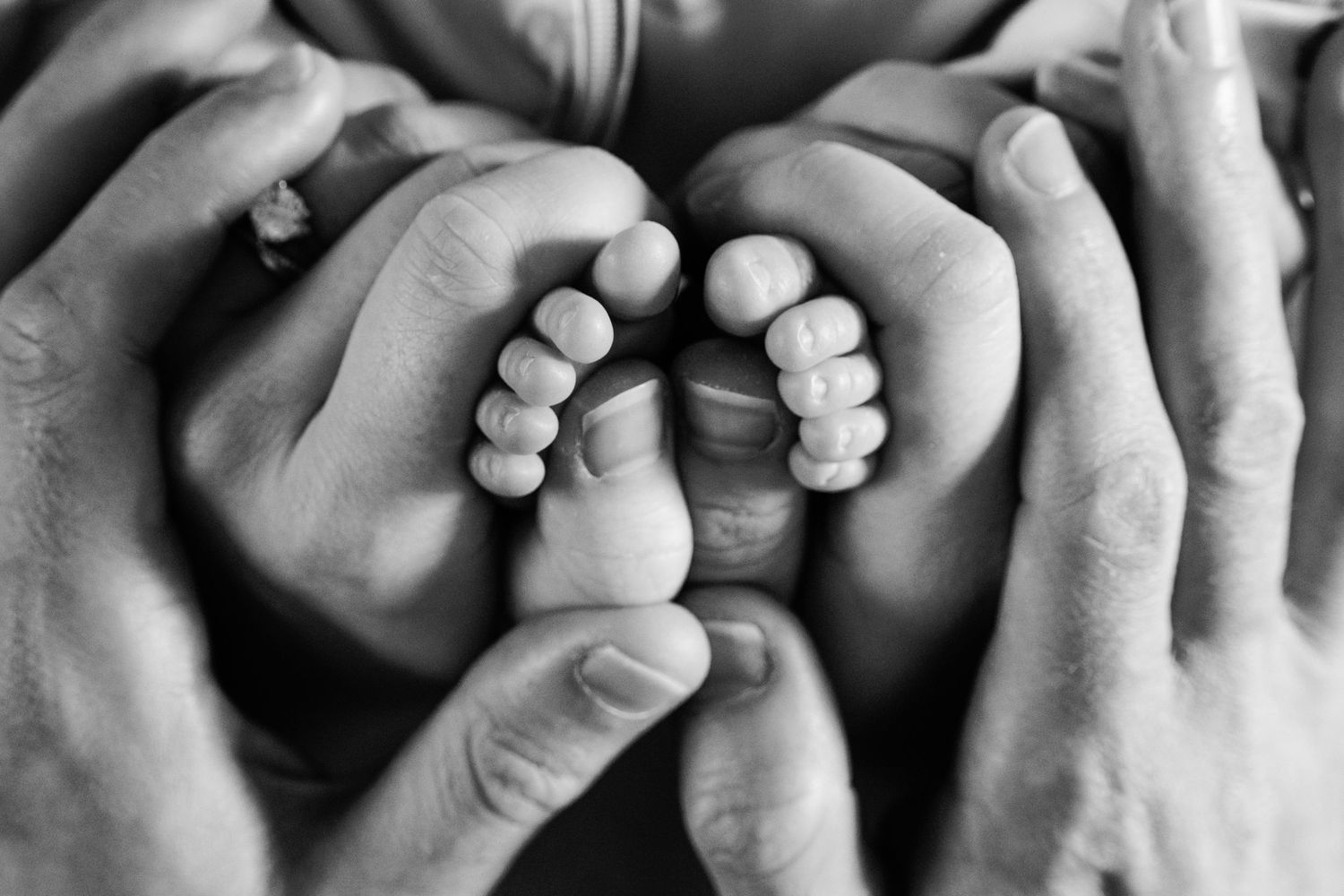 Black and white close-up of parents hands gently holding tiny newborn baby feet.