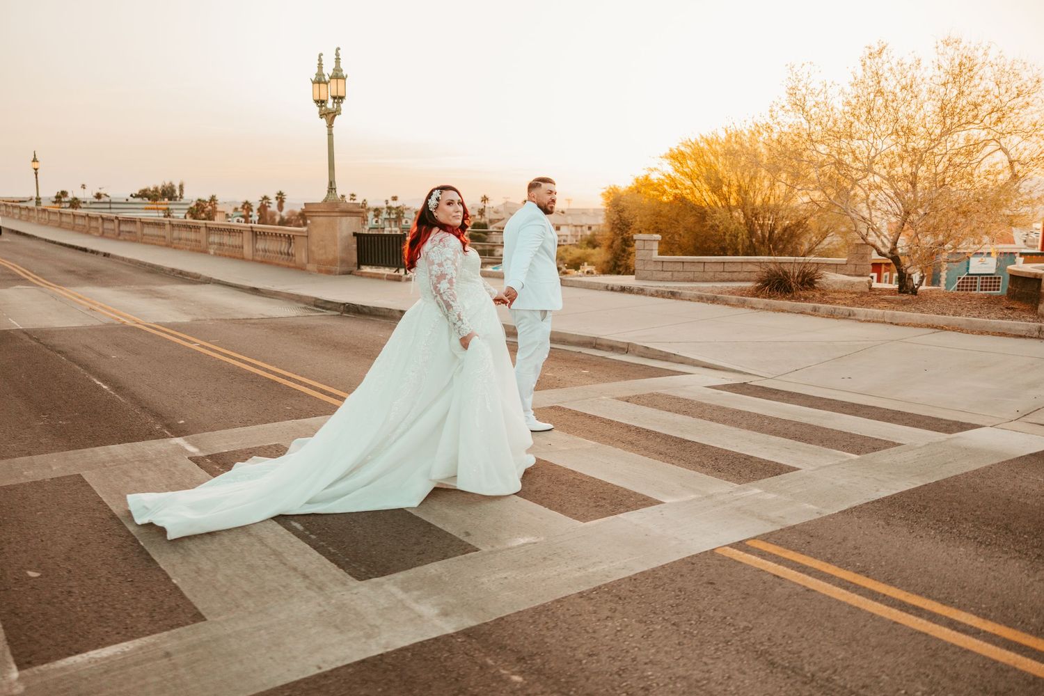 Arizona wedding photography capturing intricate dress details in sunlight