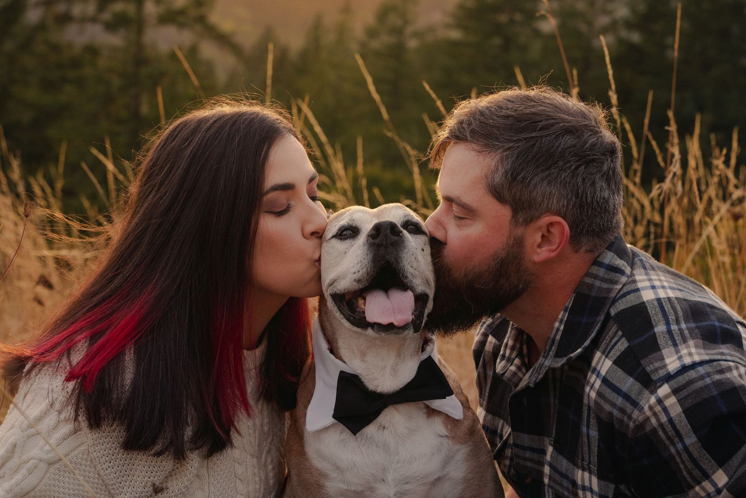 Couple kisses their happy dog wearing bowtie in golden fall field.