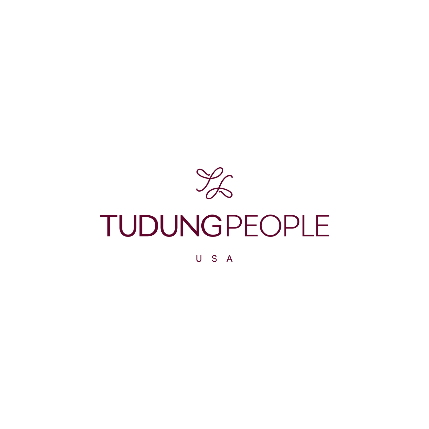 Tudung People USA brand logo in elegant dark maroon typography with decorative script monogram on white background.