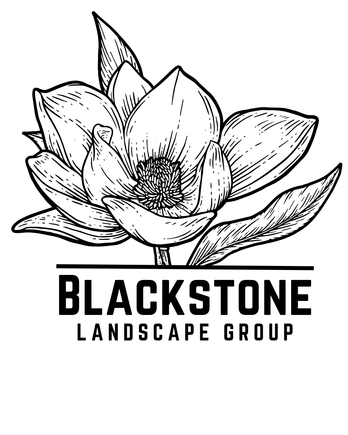 Black and white logo for Blackstone Landscape Group featuring a detailed magnolia flower illustration above bold text.