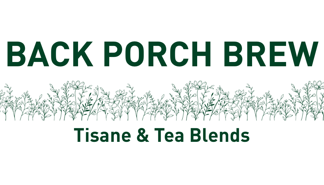 Back Porch Brew logo featuring bold green text and delicate botanical illustrations for Tisane & Tea Blends.