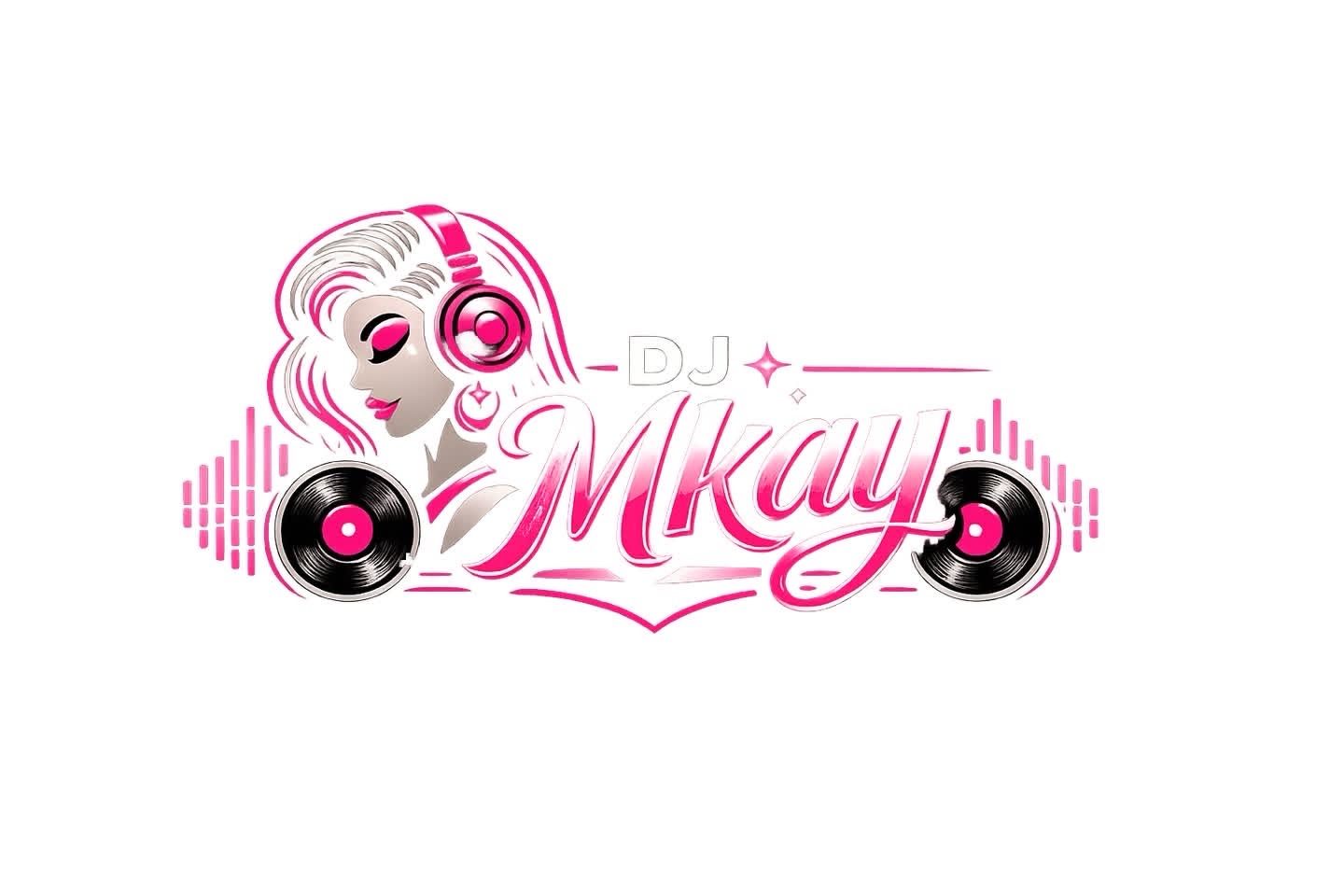 Pink and white DJ Mkay logo featuring a stylish female DJ with headphones, vinyl records, and sound wave graphics.