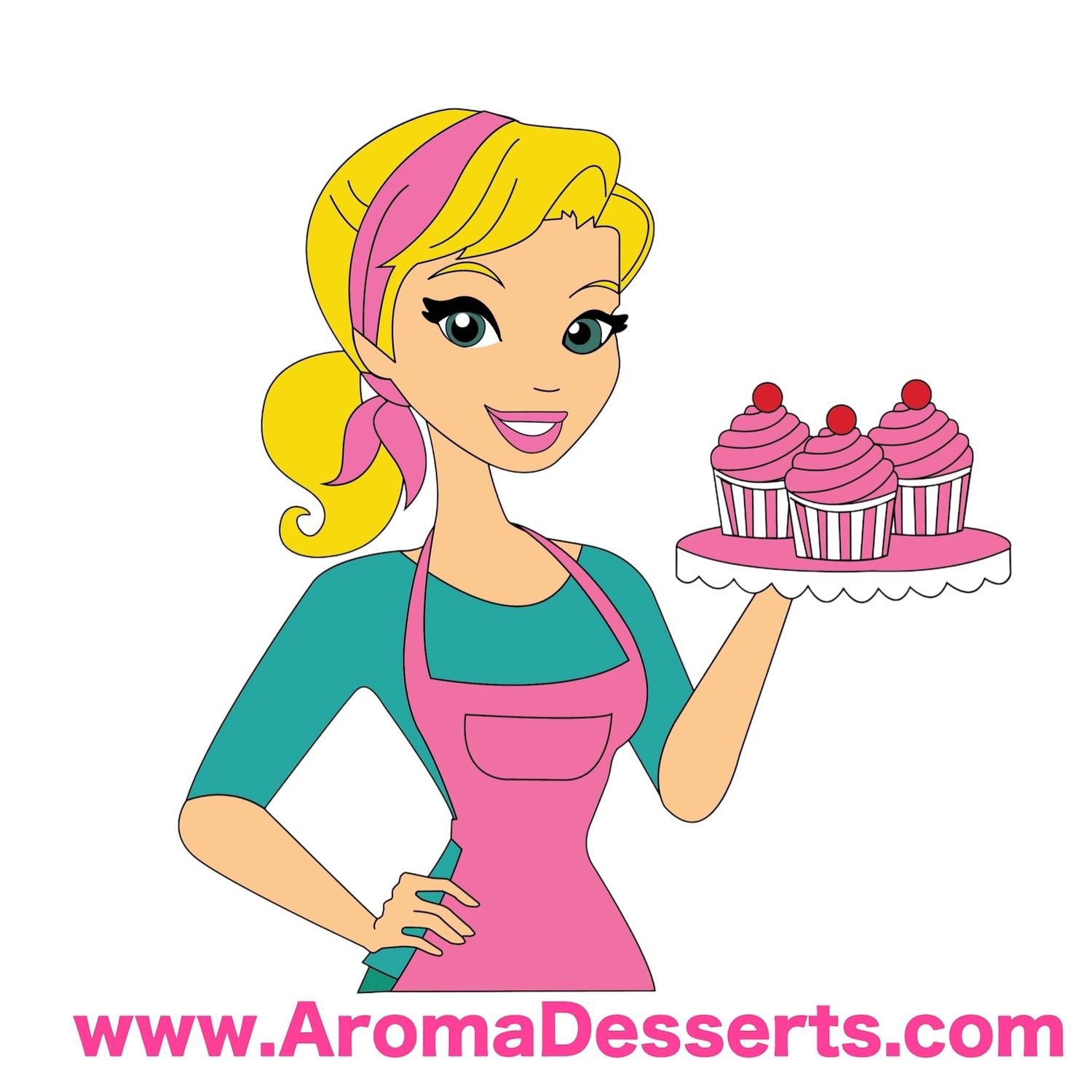 Cartoon baker woman in pink apron holding cupcakes, AromaDesserts.com logo, colorful dessert shop illustration.