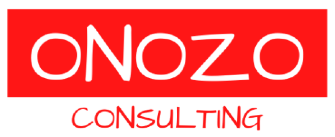 Onozo Consulting logo featuring bold white text on a red rectangle with red consulting text below.
