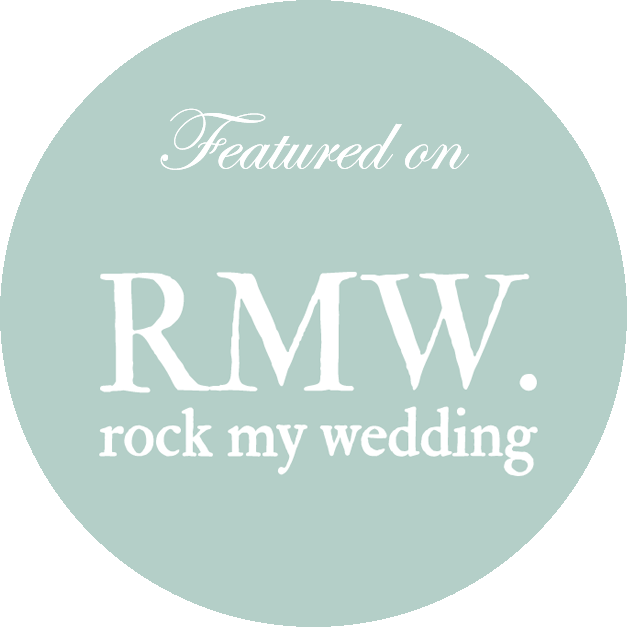 A circular mint green badge with 'Featured on RMW rock my wedding' text in white lettering.