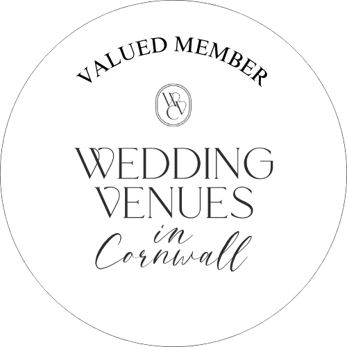 Circular white badges with text for wedding venues and valued member designations.