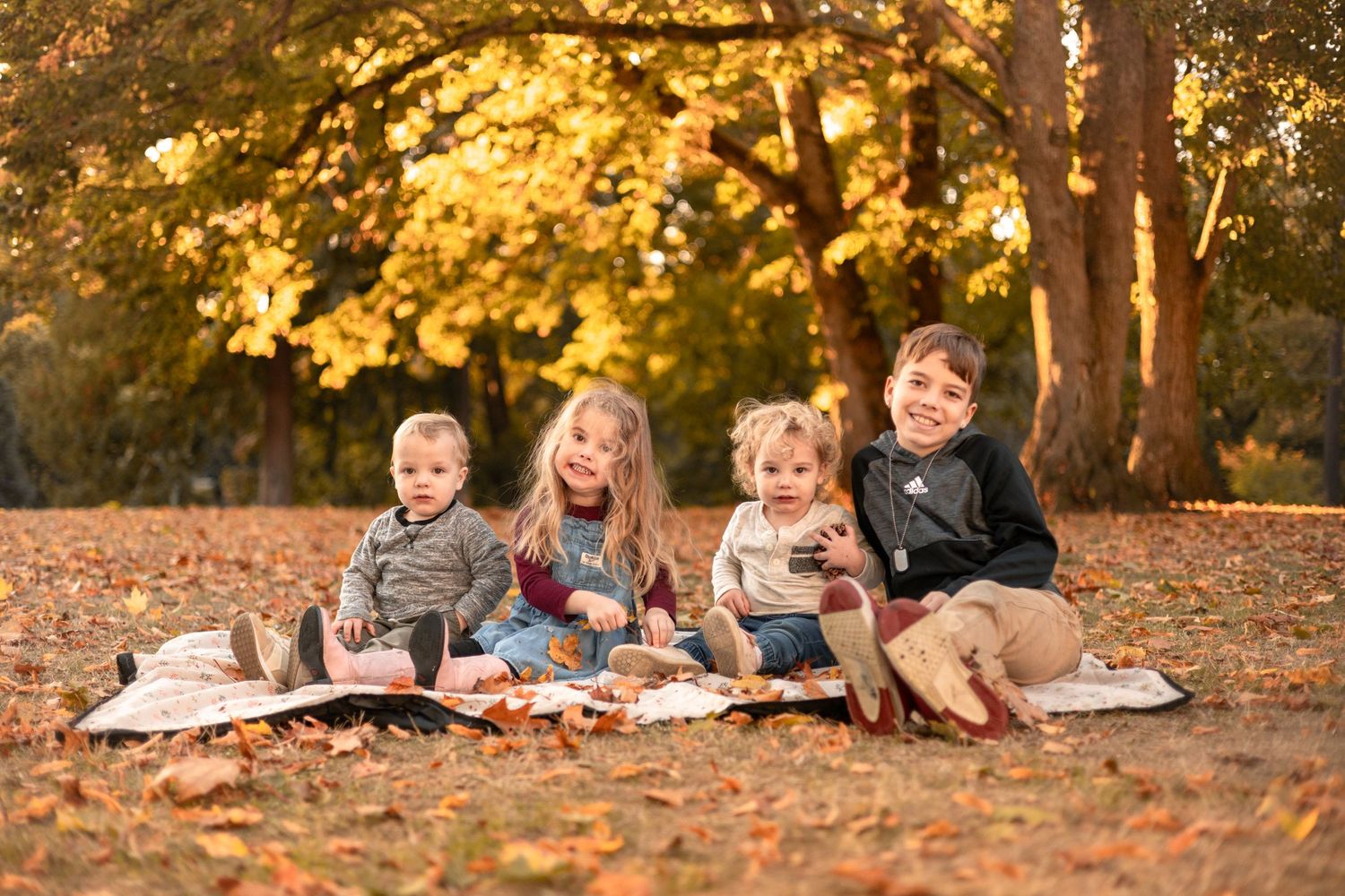Children and a dog lay on autumn leaves while reading books in a park during golden hour.
