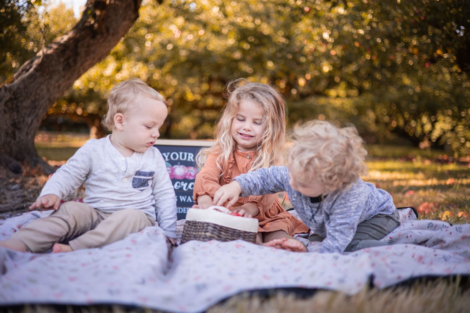 Three children sit on a blanket outdoors reading books together on a sunny autumn afternoon.  Lifestyle Family Photography Tacoma WA
