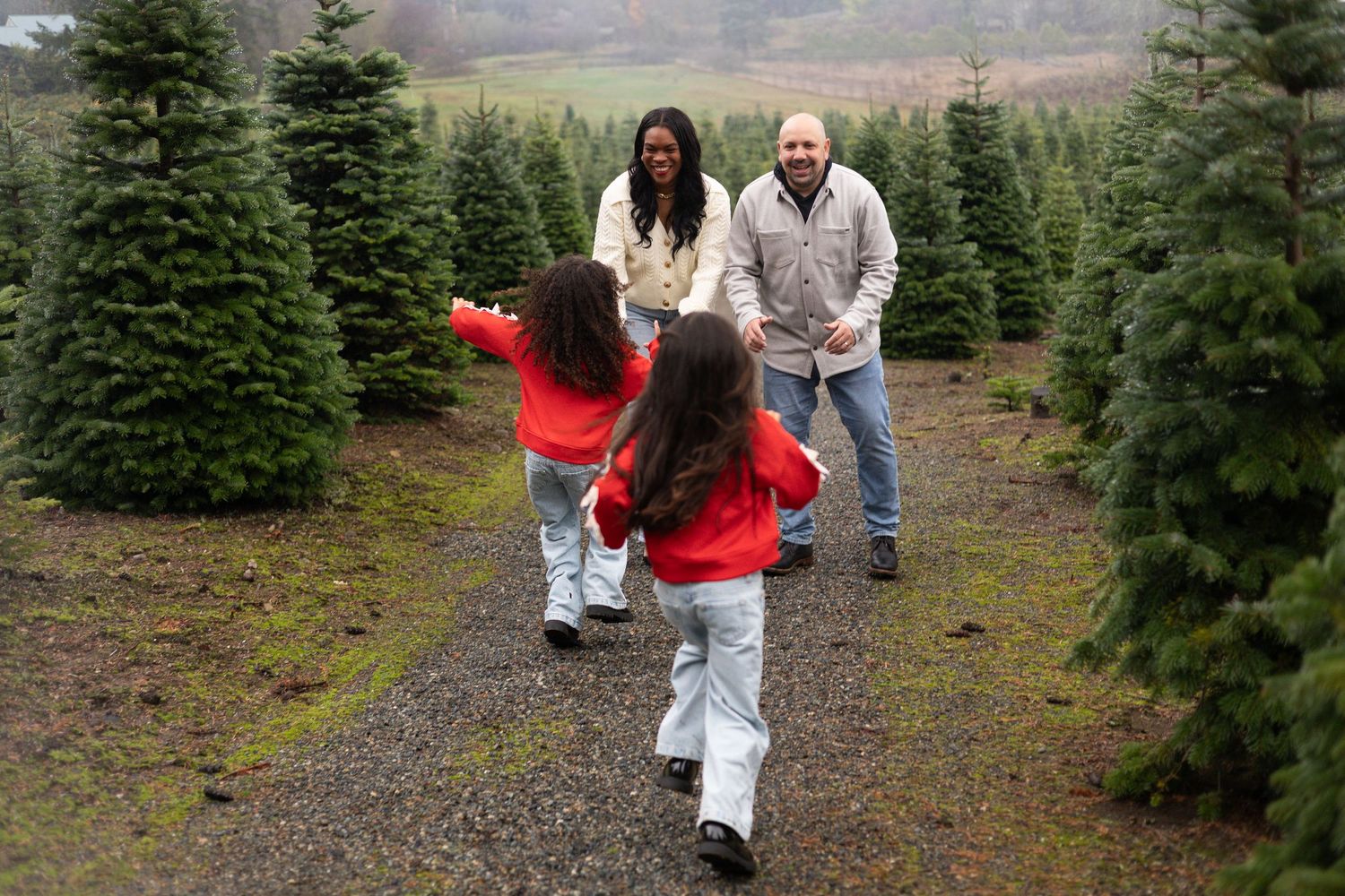 People walking through rows of evergreen trees at a Christmas tree farm on a cloudy day.